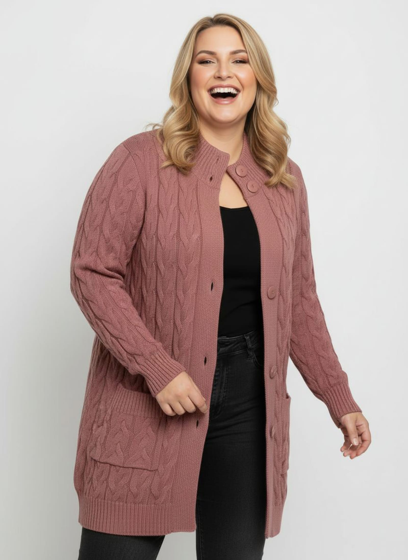 Longstrickjacke mit Zopfmuster - rosenholz