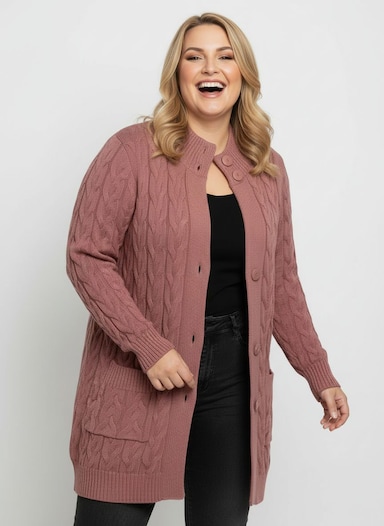Longstrickjacke mit Zopfmuster - rosenholz