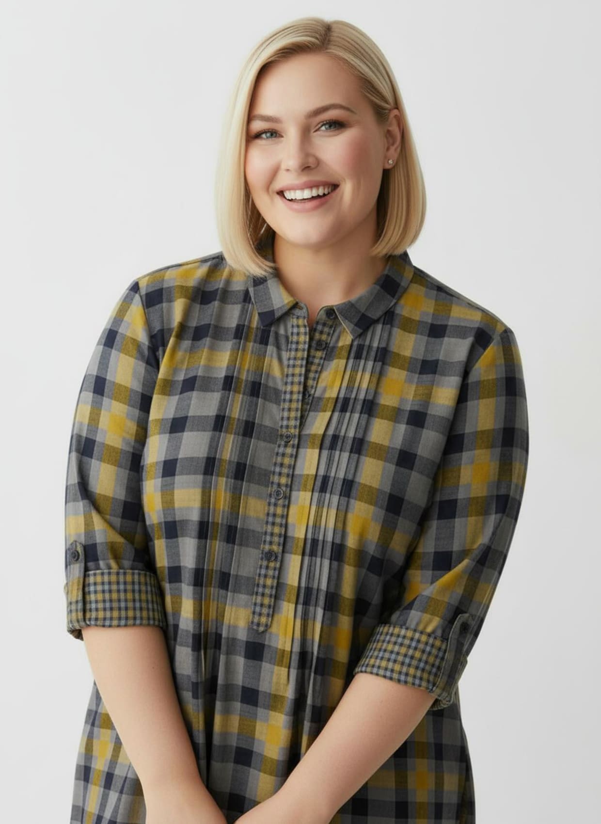 Langarmbluse mit Biesen, kariert - ocker-kariert