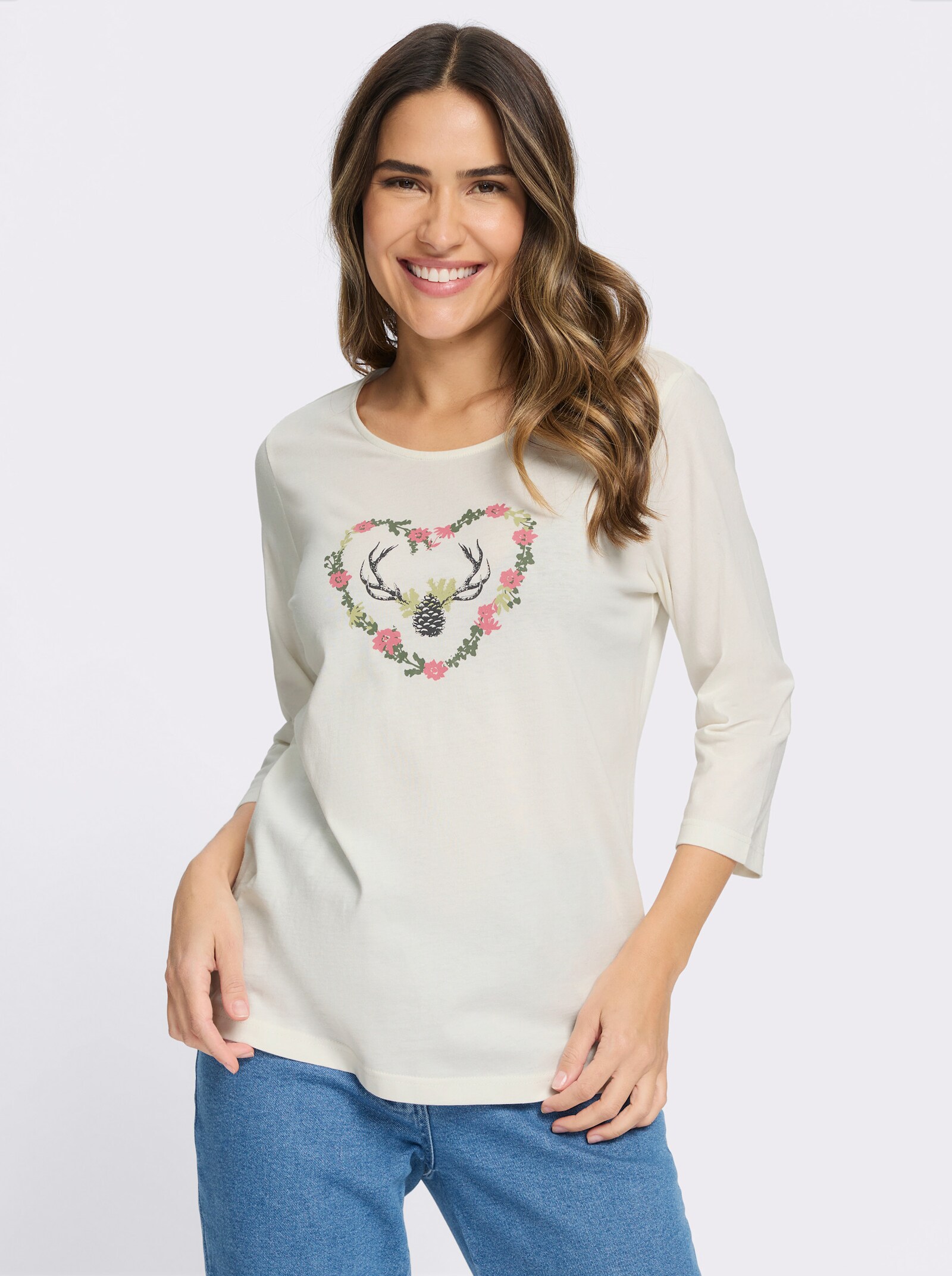 3/4-Arm-Shirt mit platziertem Druck - ecru-flamingo