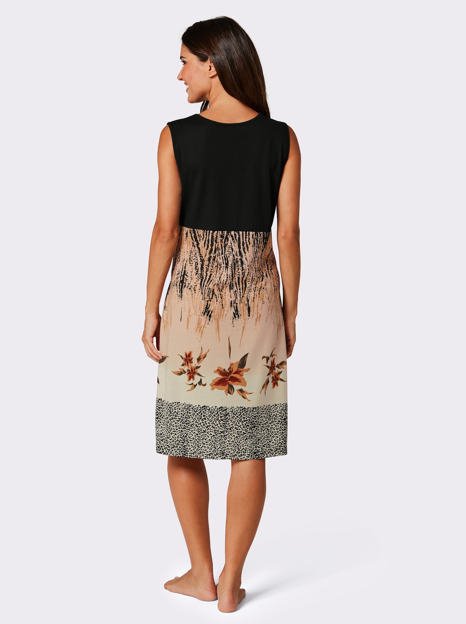 Sommerkleid mit V-Ausschnitt, bedruckt - schwarz-beige