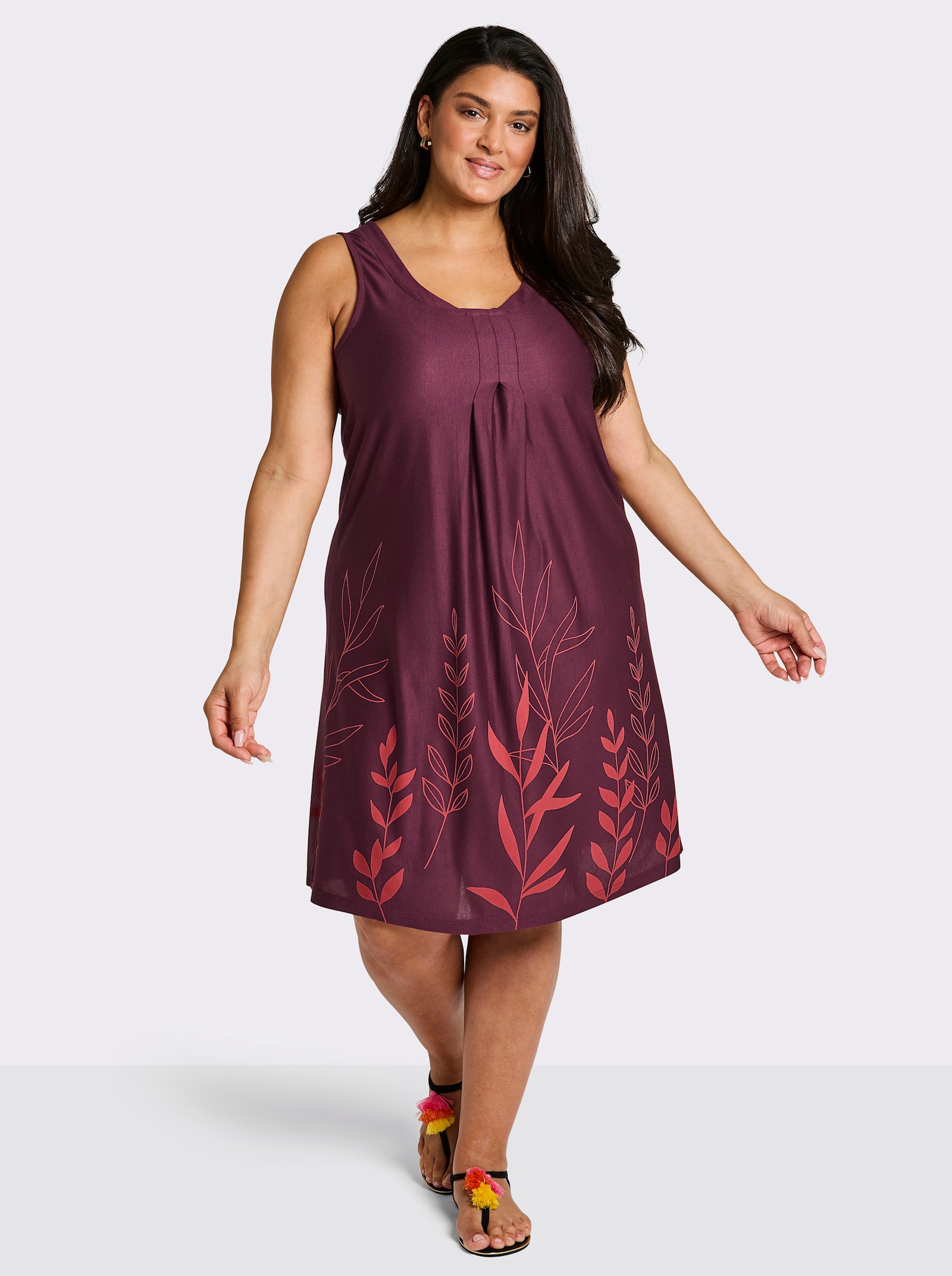 sheego A-Linien-Kleid mit Blätterprint am Saum - burgund-hummer-bedruckt