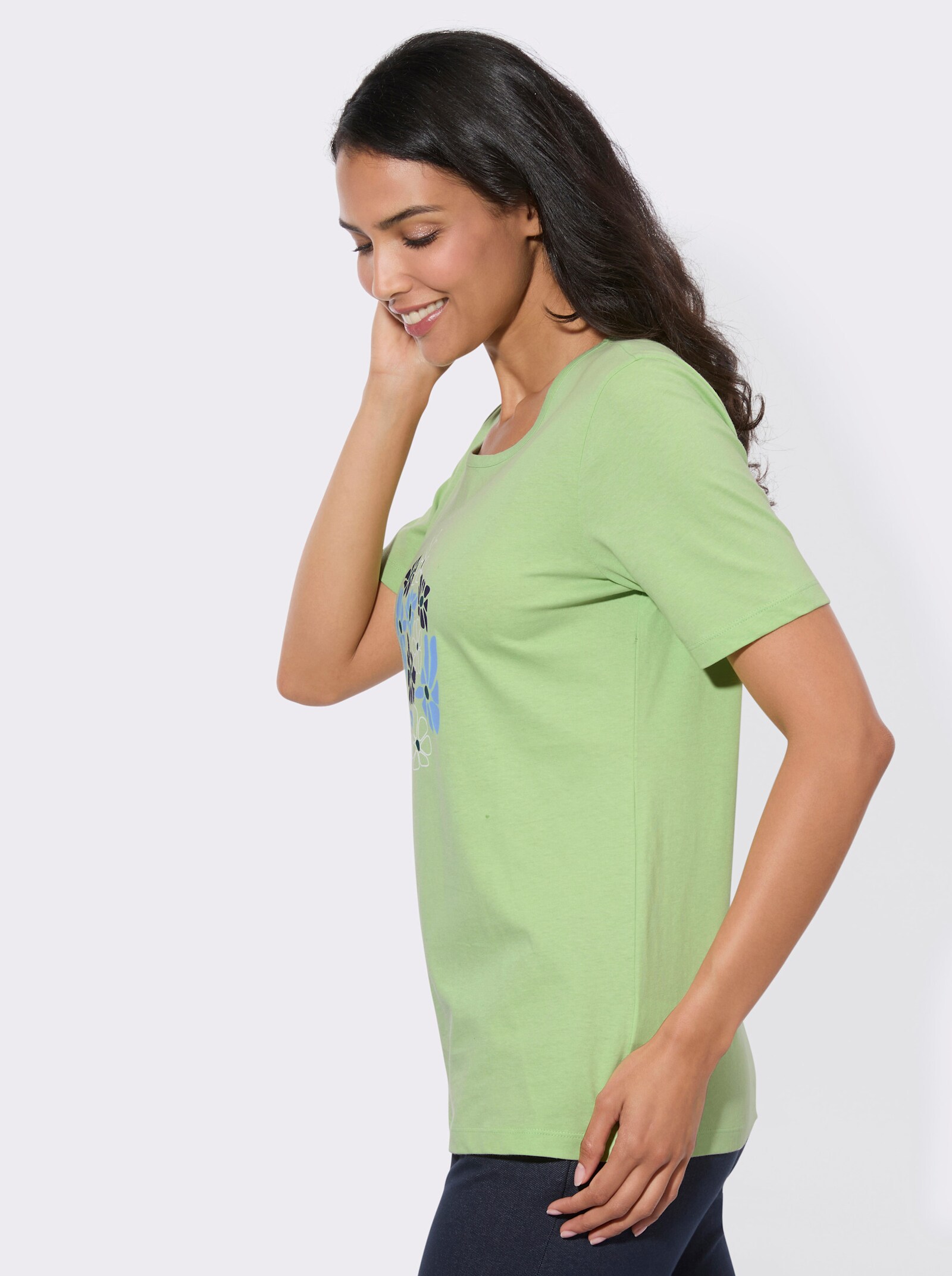 Kurzarmshirt mit platziertem Blumen-Print - reseda