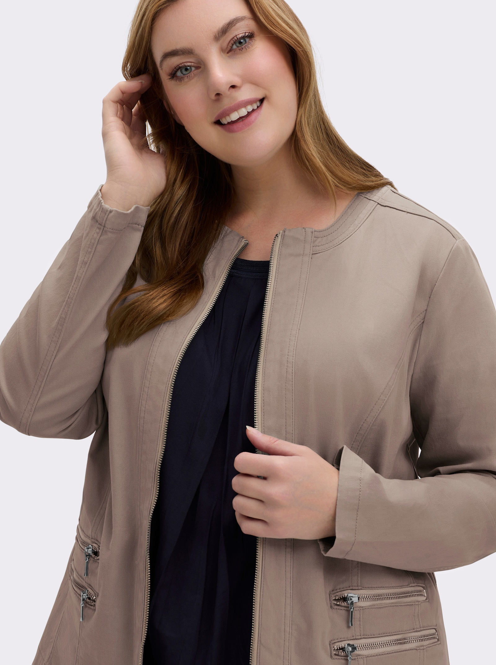 Jeansblazer mit Zier-Reißverschlüssen - taupe
