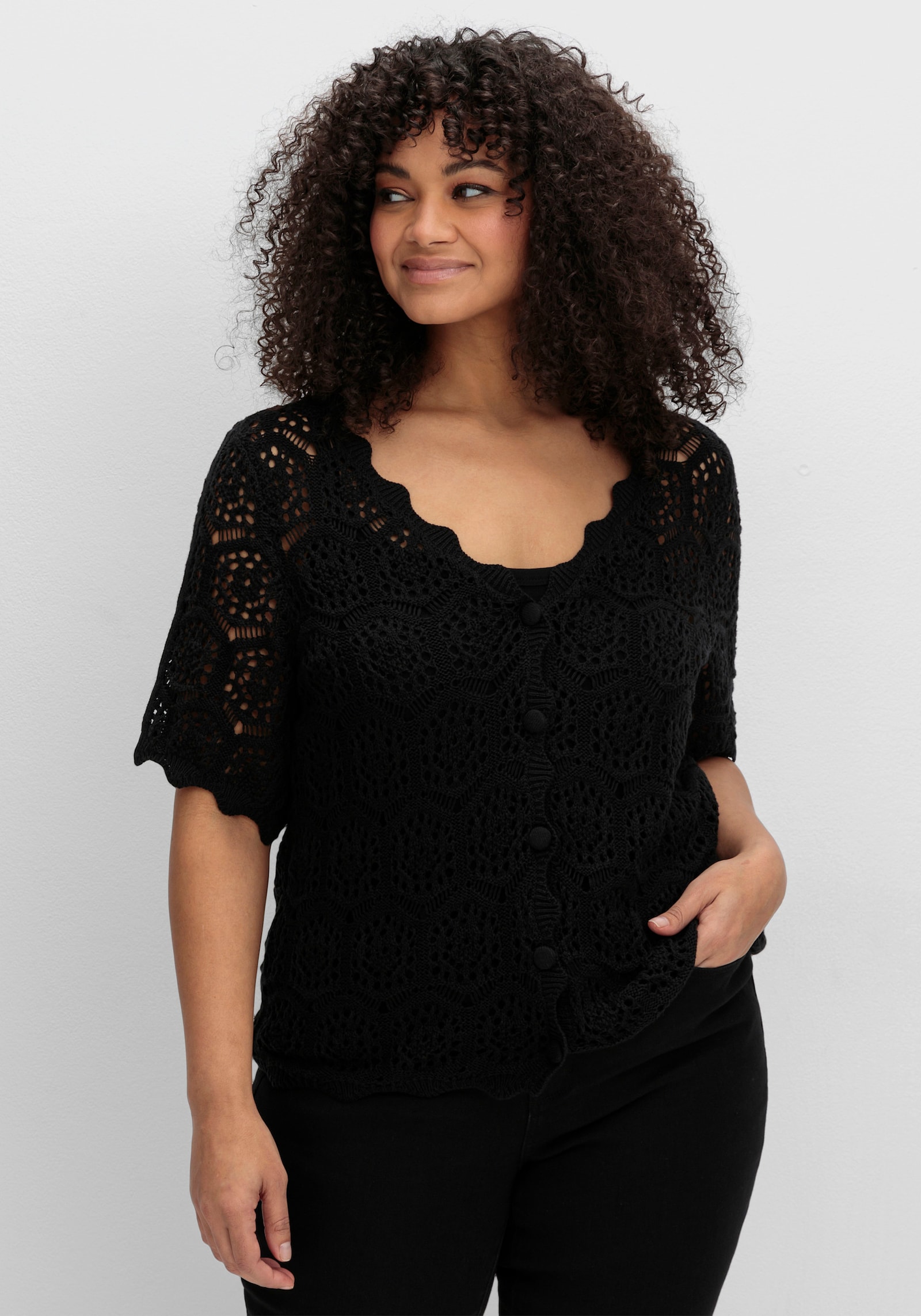 sheego by Joe Browns Ajourstrickjacke mit kurzem Arm - schwarz