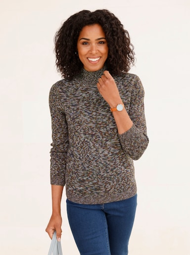 Stehkragenpullover in Melange-Optik - ecru-oliv-meliert