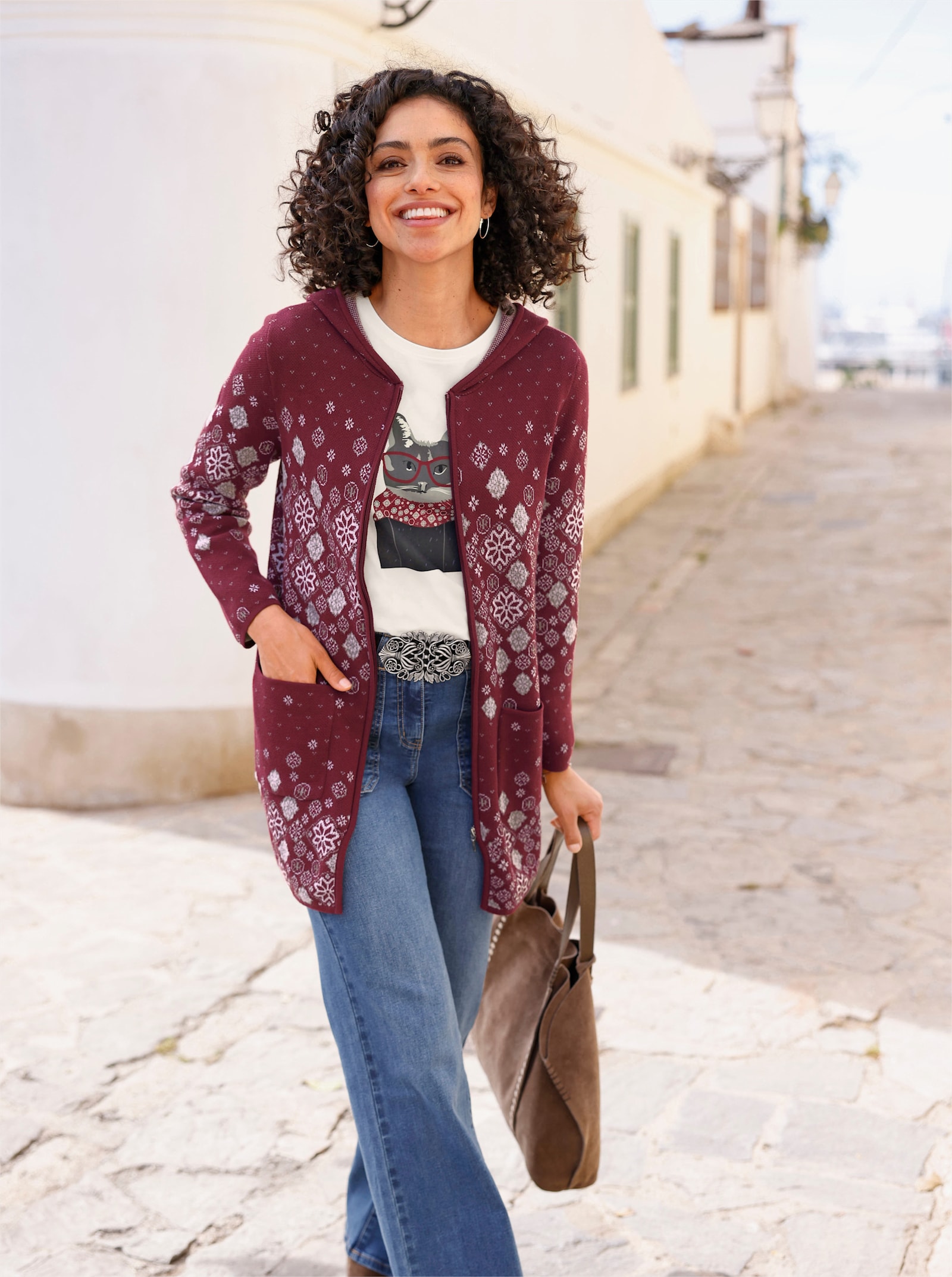 Lang vest met jacquardpatroon - donkerrood gedessineerd