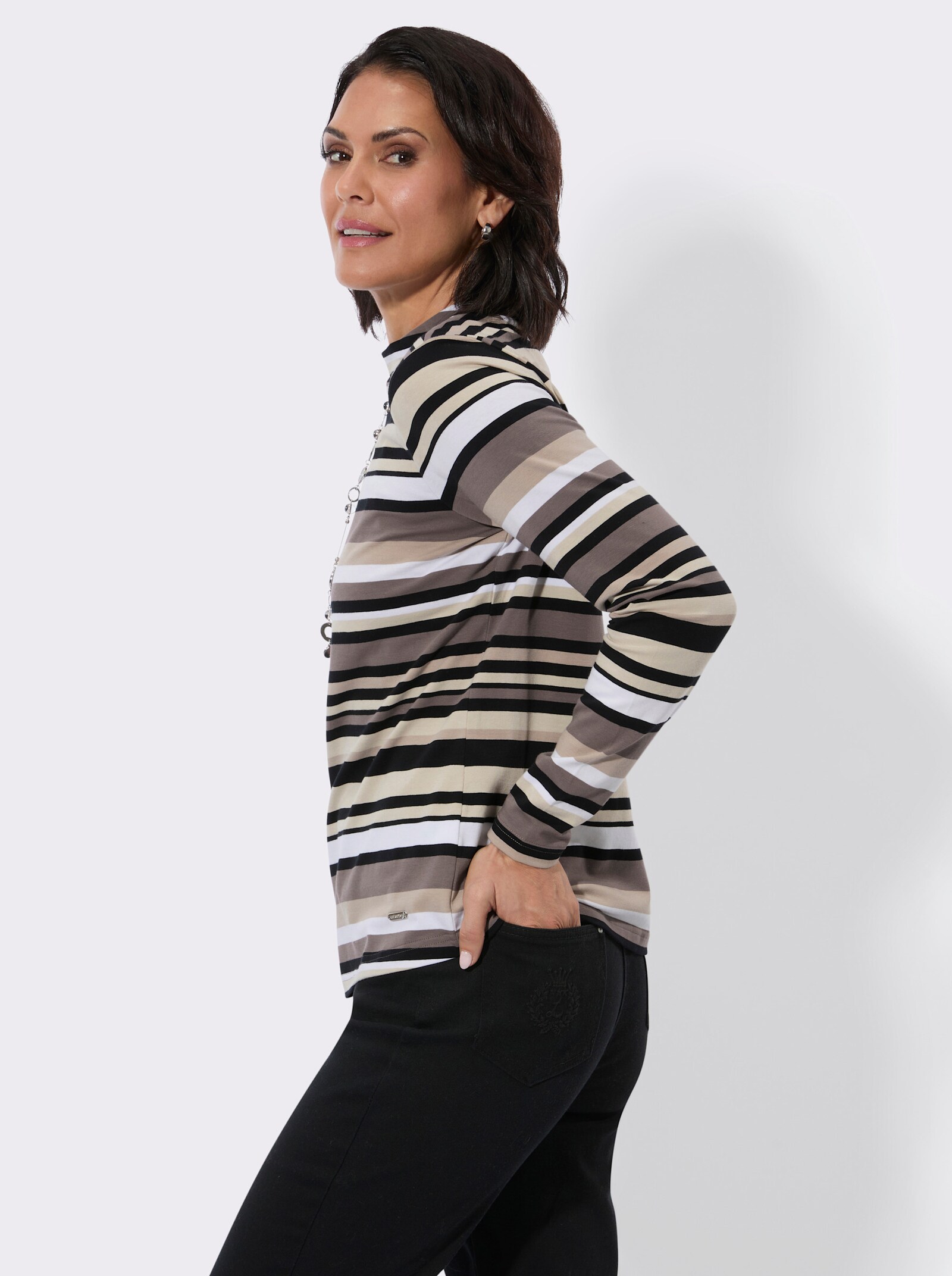 Stehkragenshirt im Ringel-Dessin - dunkeltaupe-sesam-geringelt