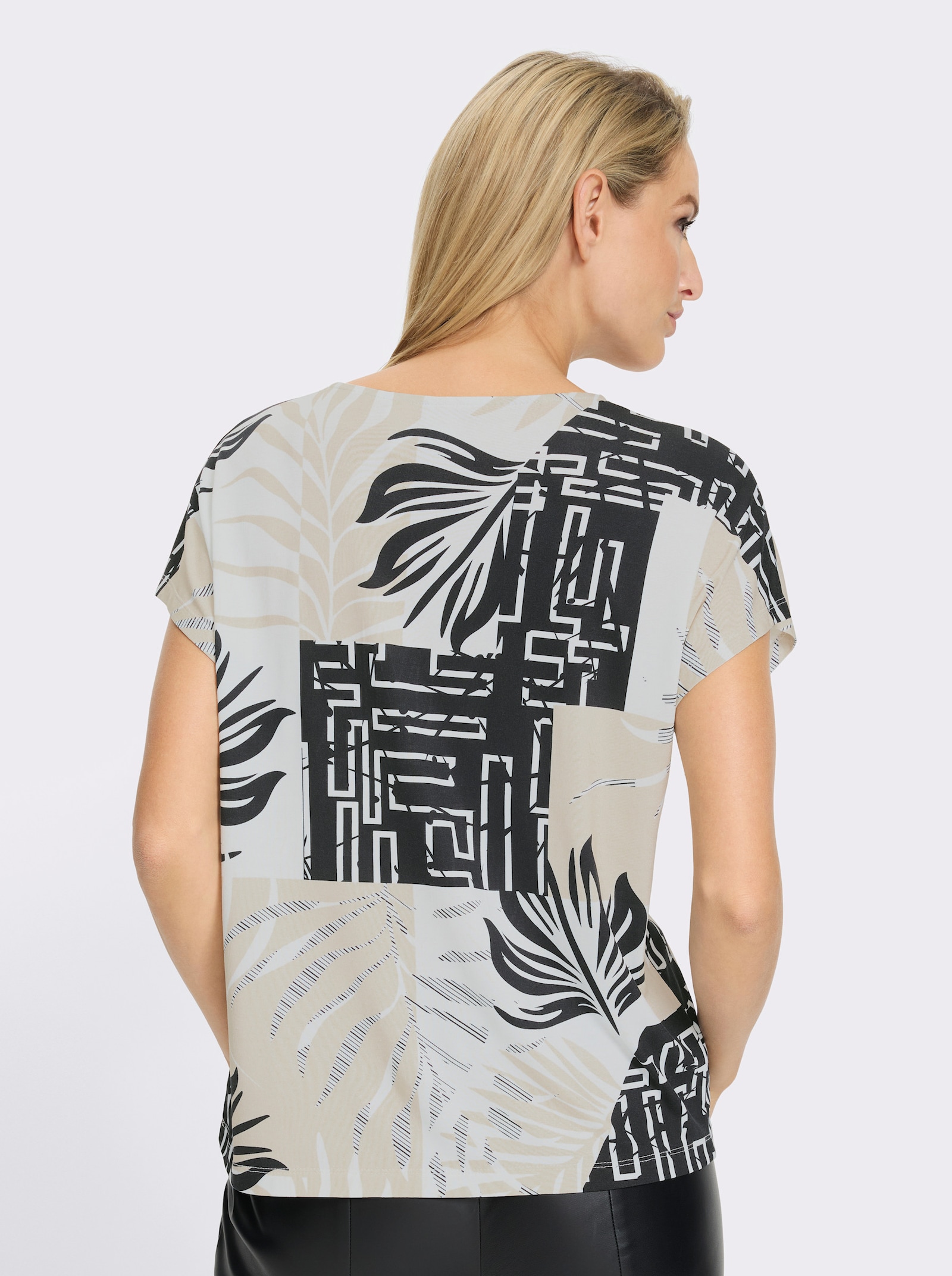 heine Kurzarmshirt mit grafischem Druck-Dessin - sand-schwarz-bedruckt