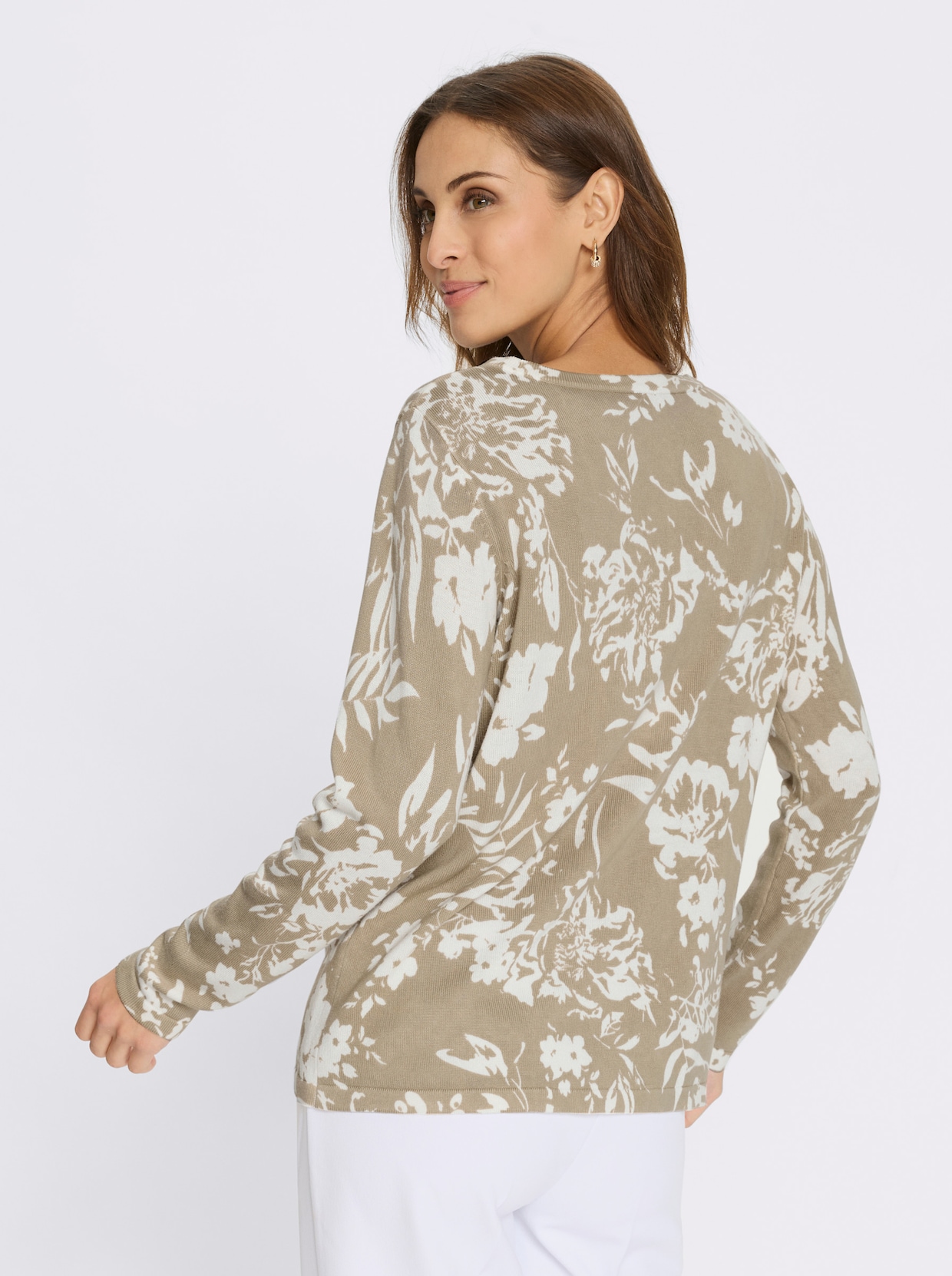 Rundhalspullover - ecru-beige-bedruckt