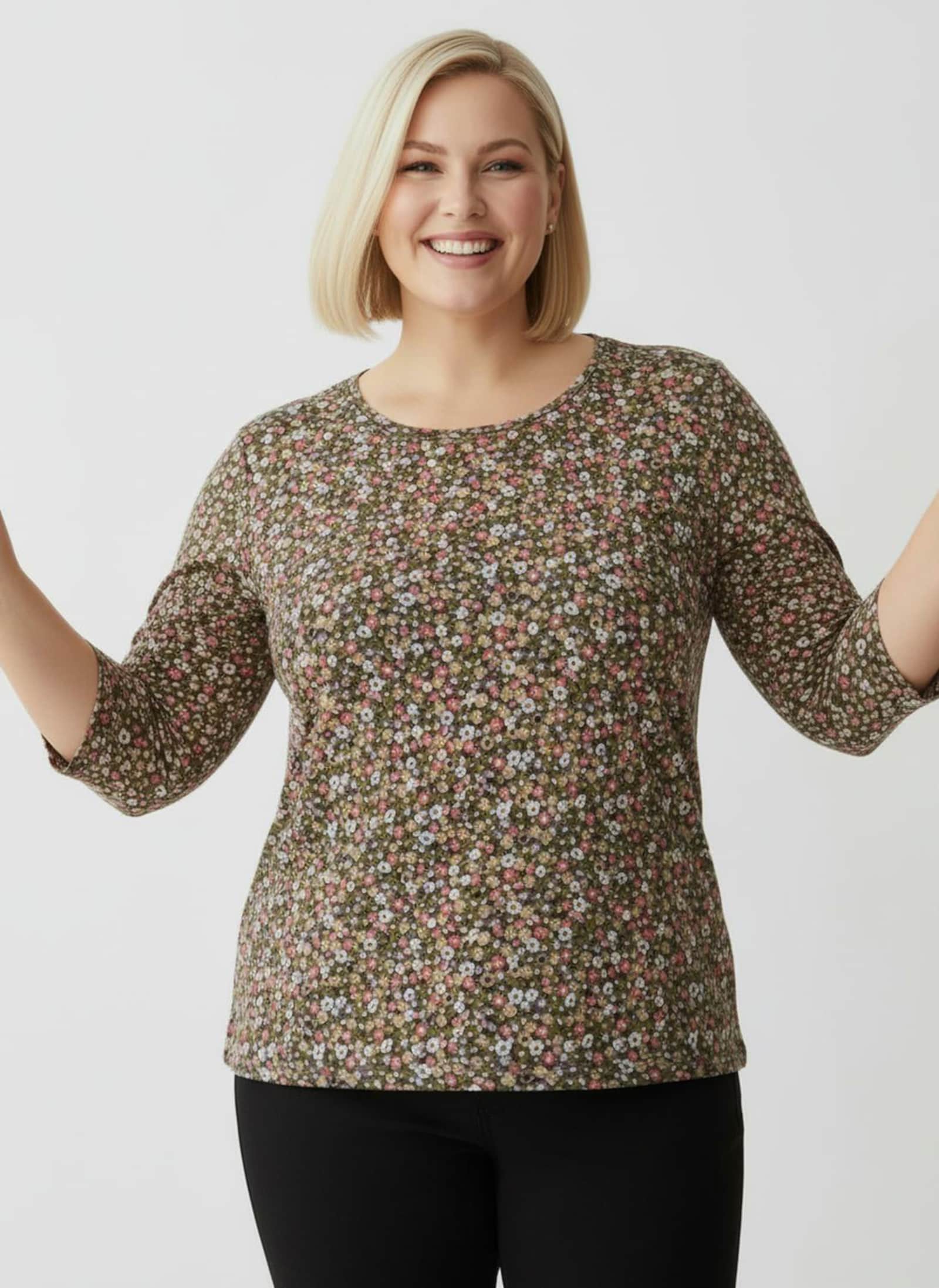 Print-Shirt mit Rundhals-Ausschnitt - grapefruit-oliv-bedruckt