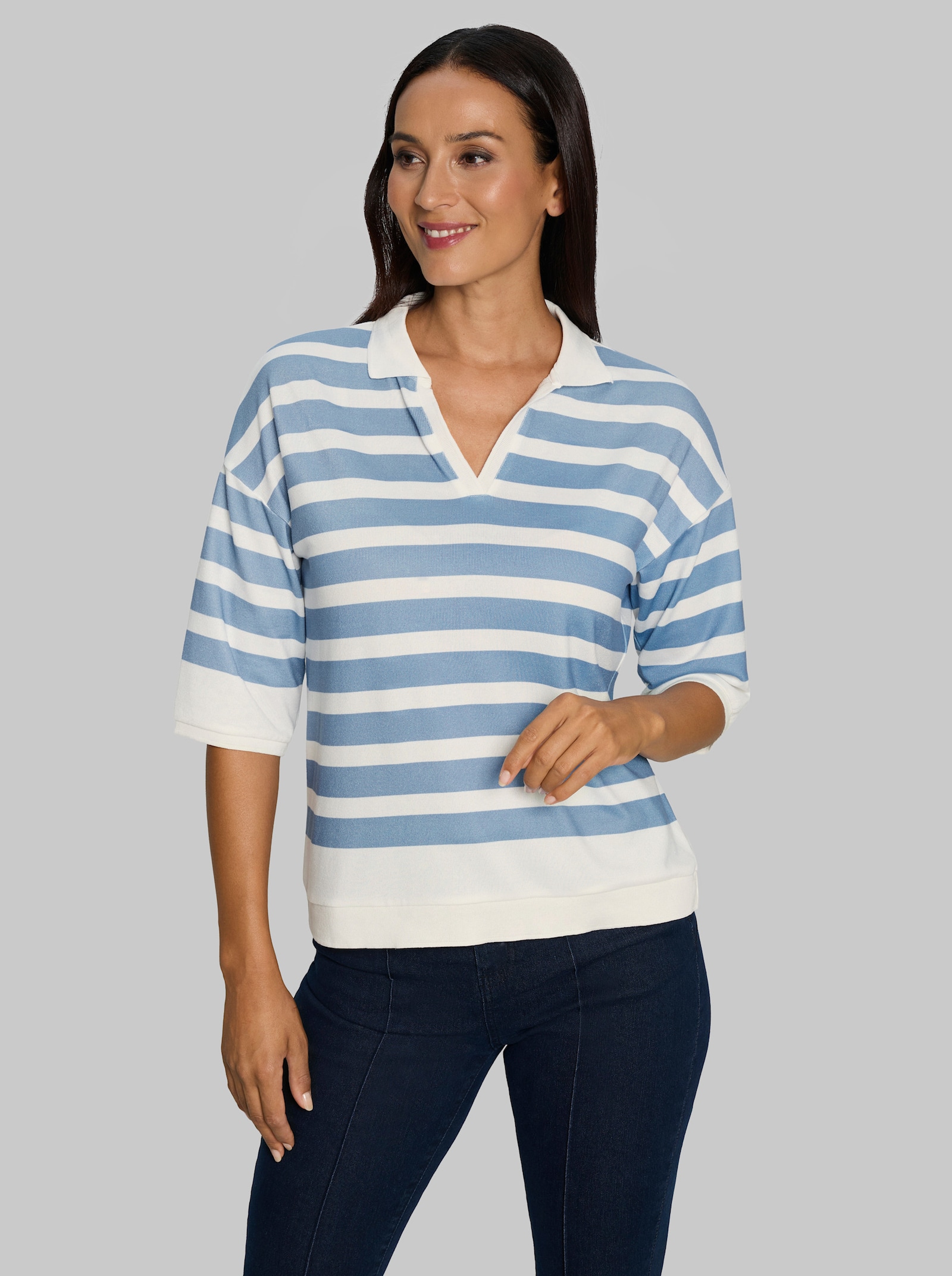heine Ringelshirt mit Polokragen - ecru-himmelblau-geringelt