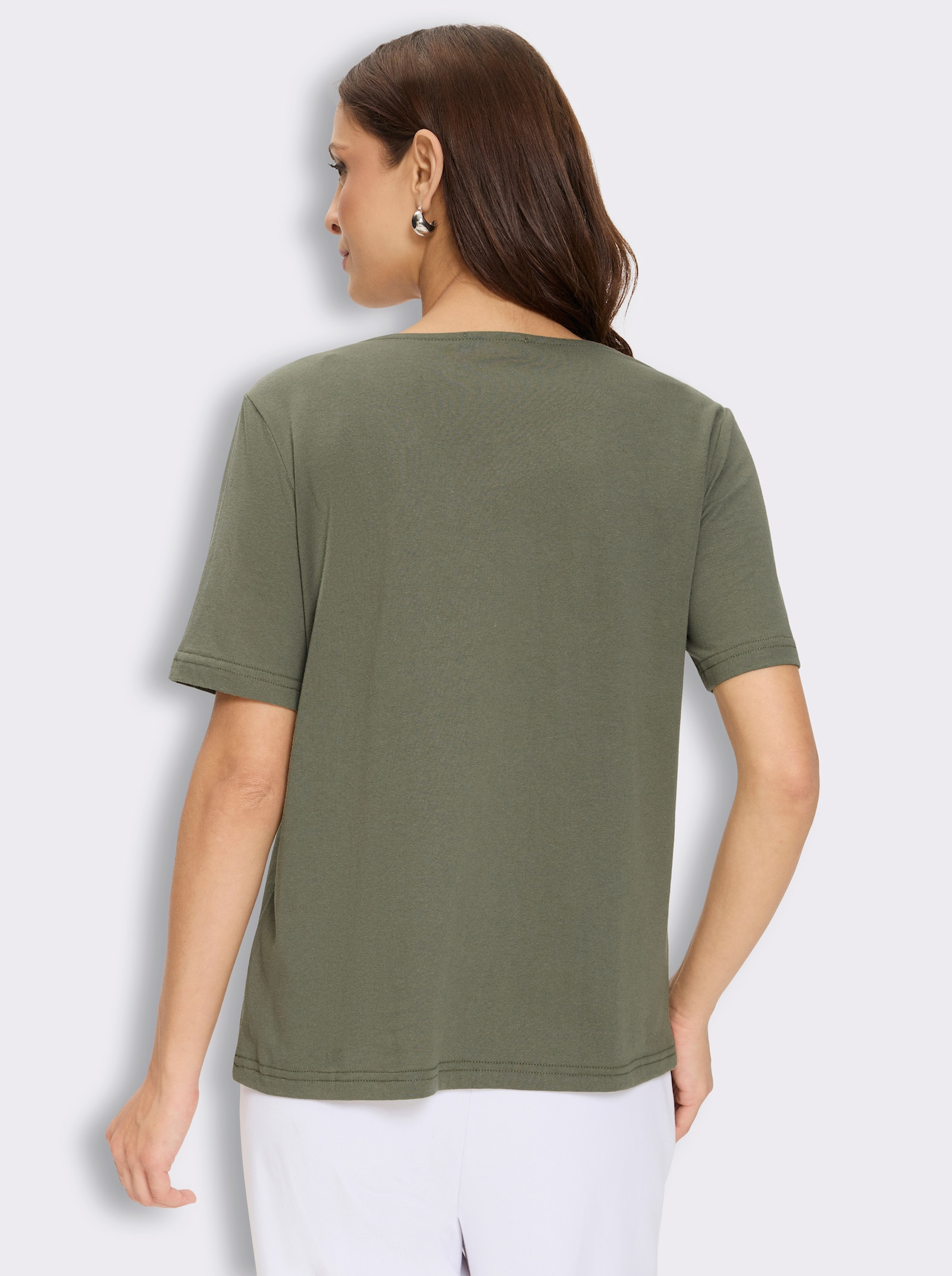 Rundhalsshirt mit Glitzersteinchen-Blüten - khaki