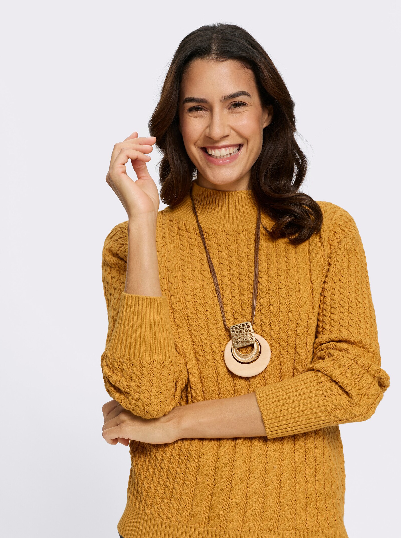 Pullover met opstaande kraag in patchworklook - oker