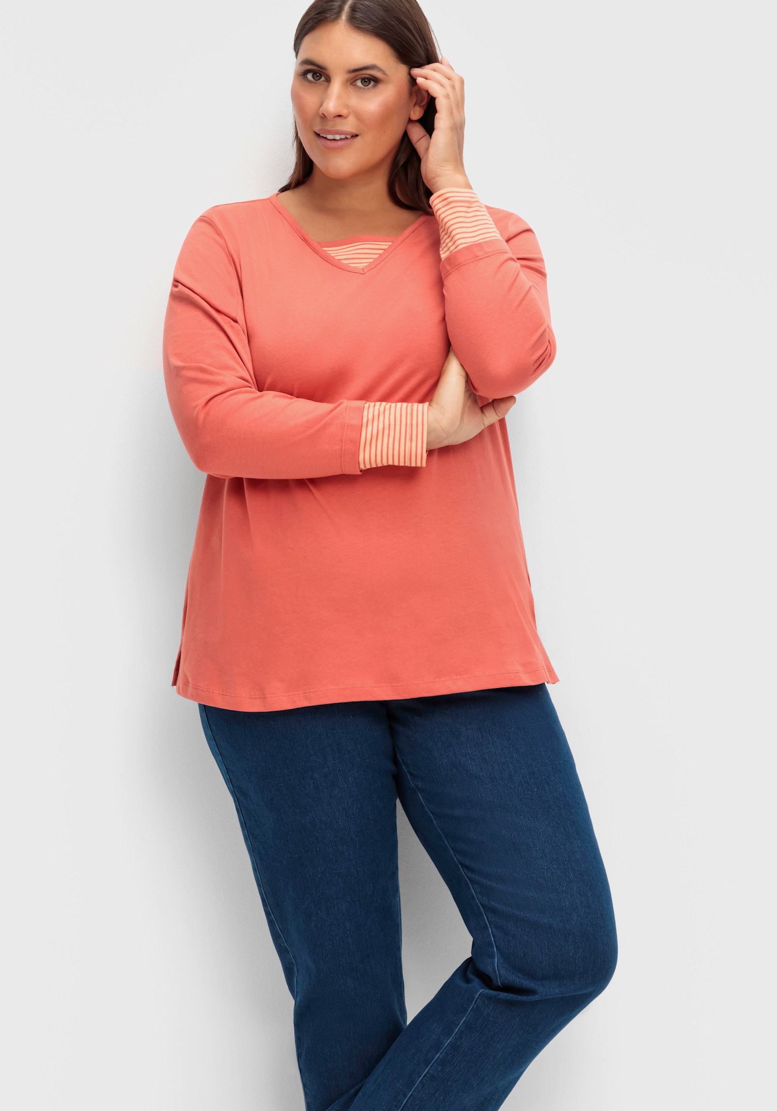 Langarmshirt mit garngefärbten Streifen - terrakotta