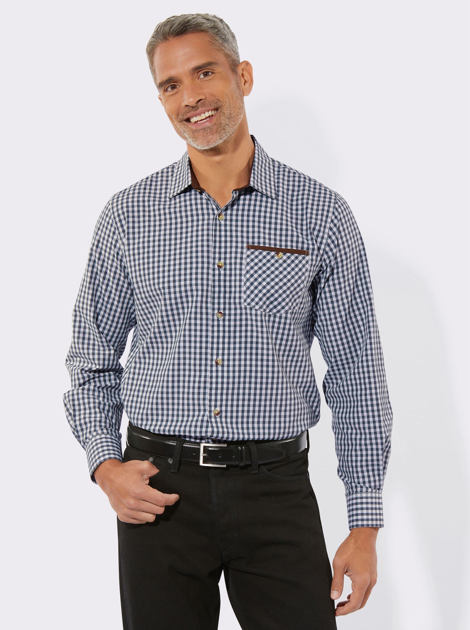 Rutig skjorta med knappar i hornimitation - marin, rutig