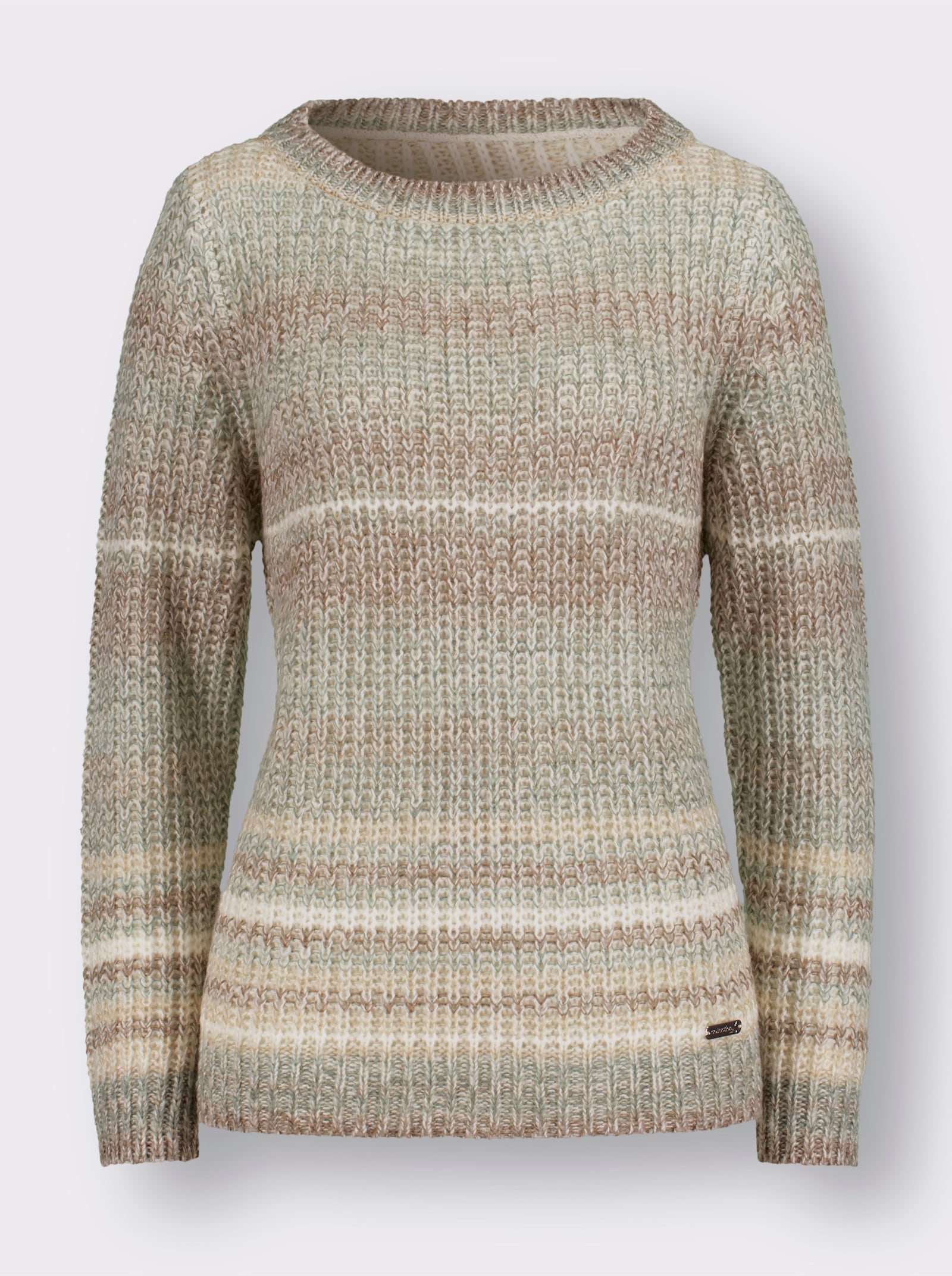 Langarm-Pullover im Grobstrick - taupe-jade-geringelt