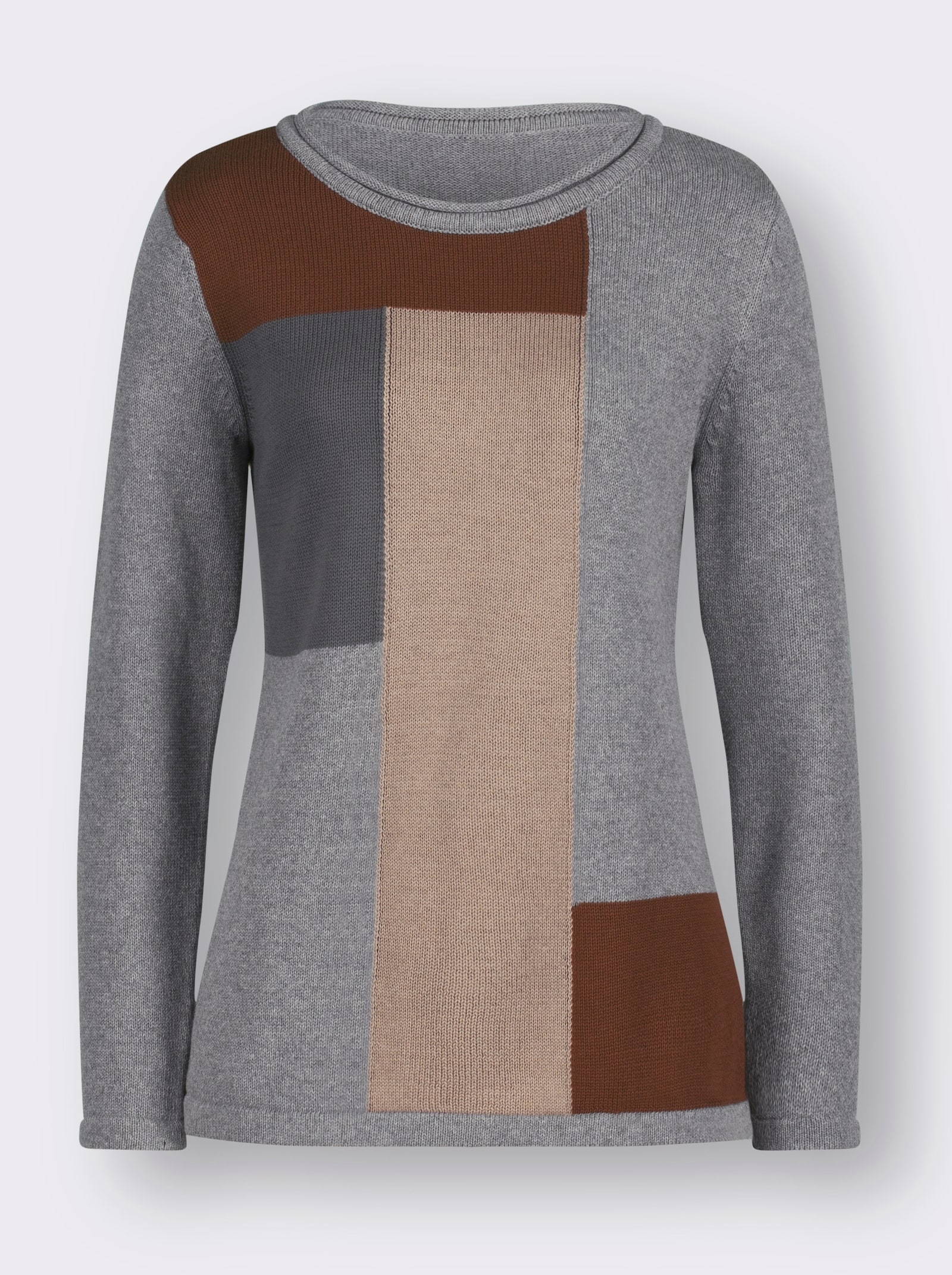 Langarm-Pullover mit grafischem Strickmuster - steingrau-gemustert