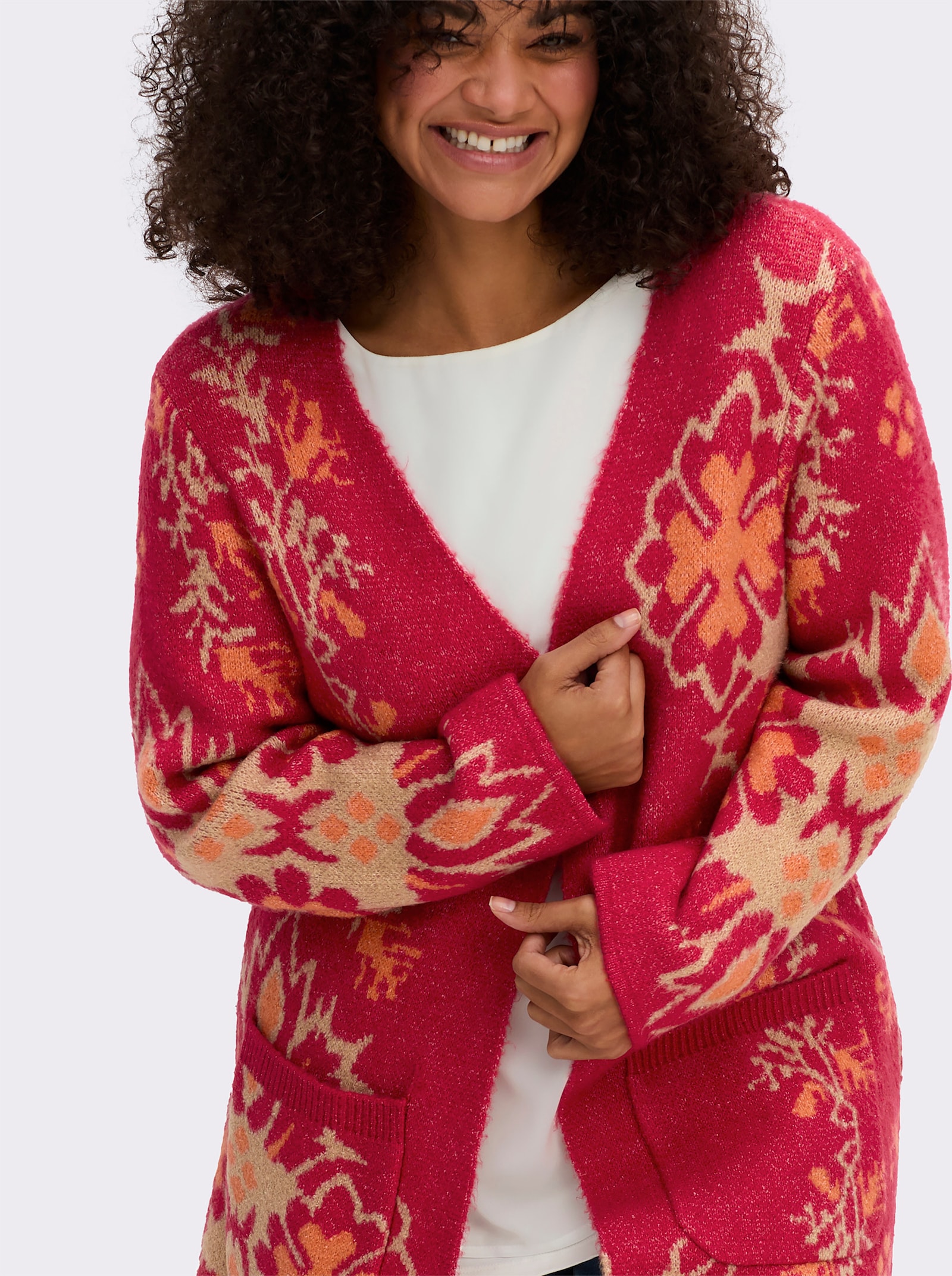 sheego by Joe Browns Strickmantel mit Blüten-Jacquardmuster - erdbeere-camel-gemustert