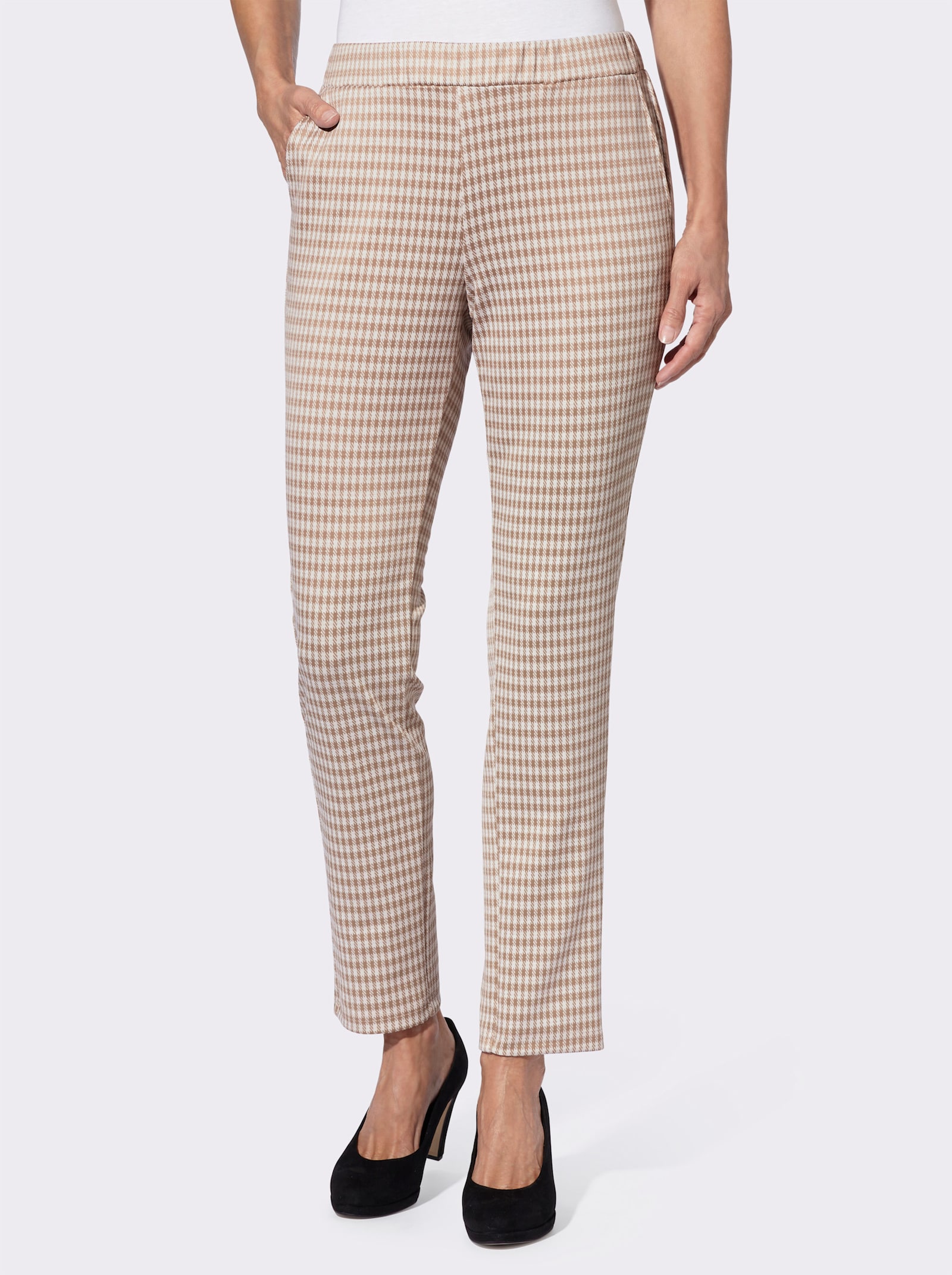 Schlupfhose in verkürzter Form - beige-ecru-kariert