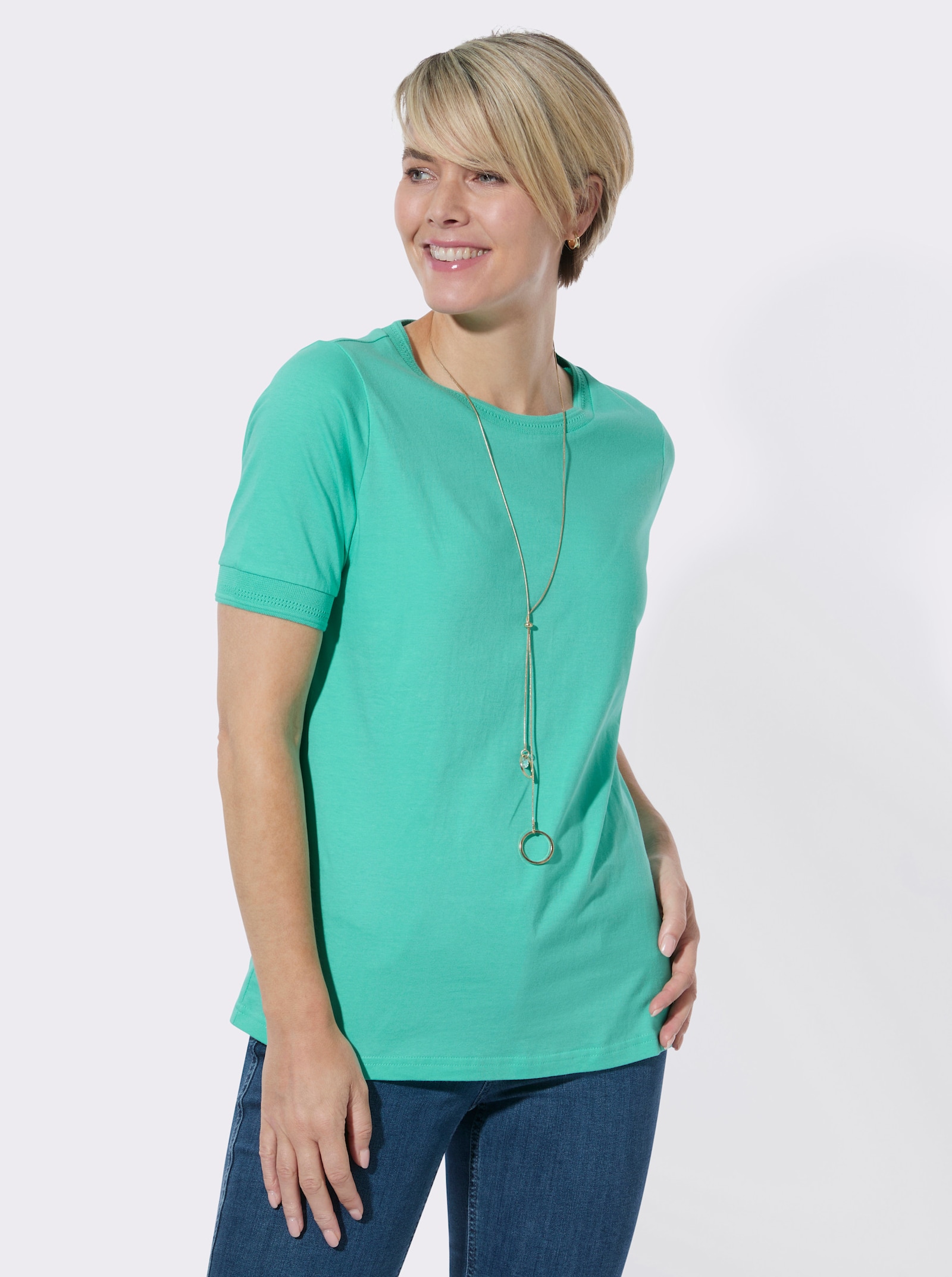 Rundhalsshirt mit Ajourmuster an Kragen und Ärmeln - blaugrün