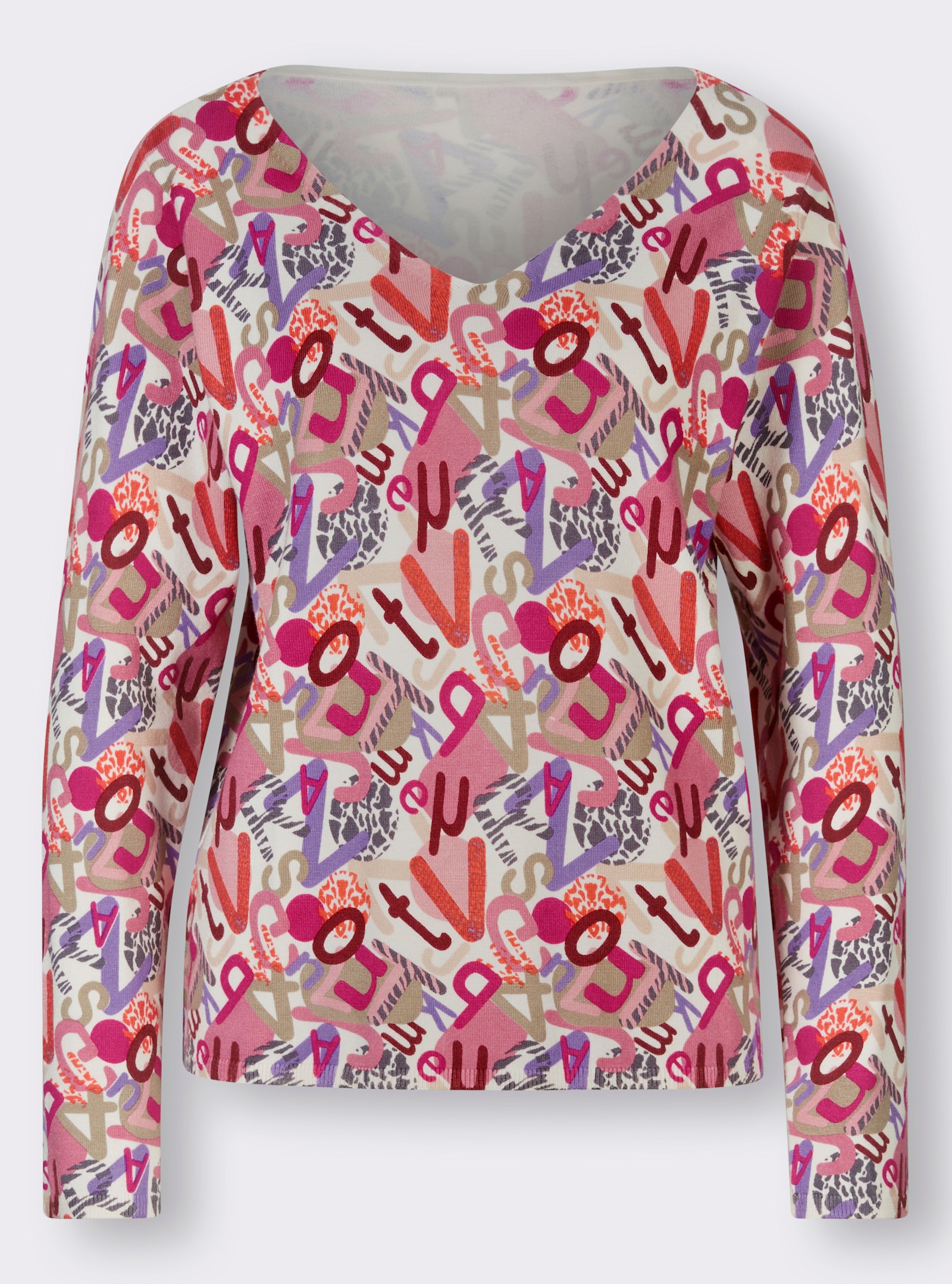 heine V-Ausschnitt-Pullover mit Allover-Druck - champagner-hortensie-bedruckt