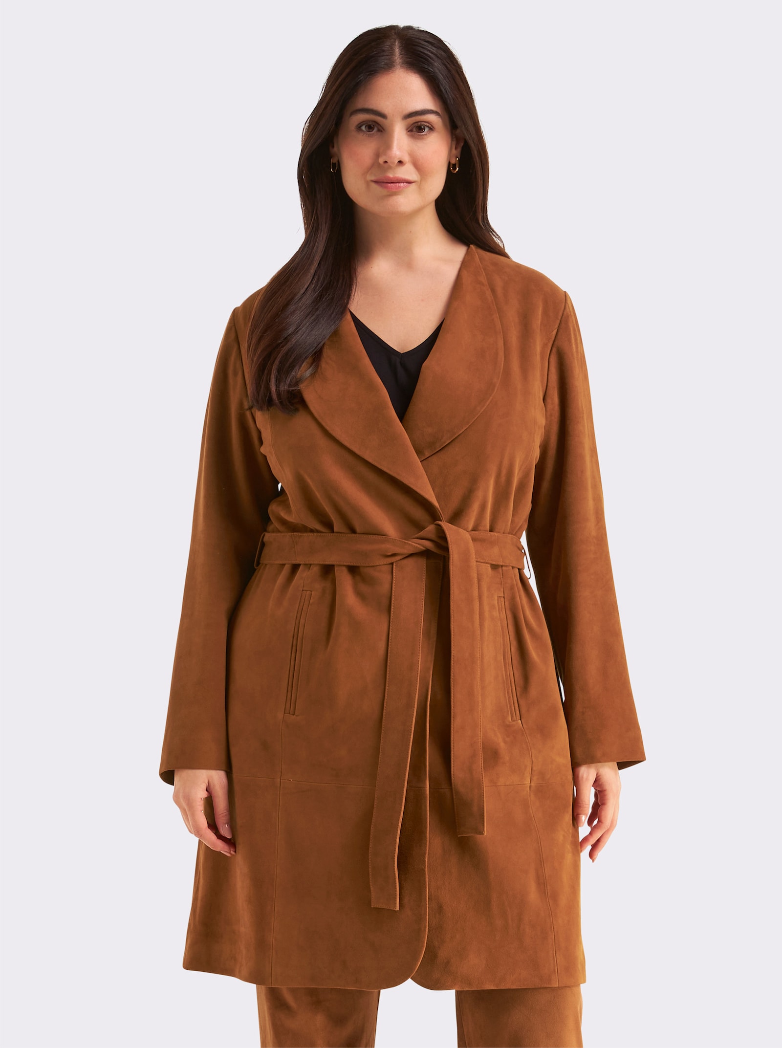 sheego Ledermantel aus Ziegenvelours - cognac
