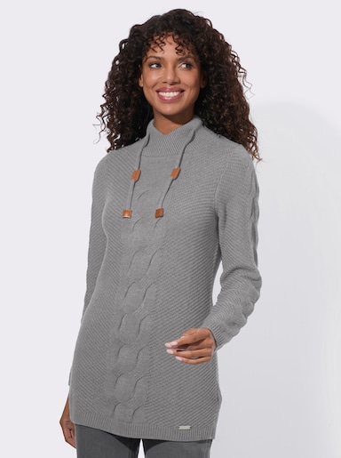  Longpullover mit Zopfmuster - steingrau-meliert