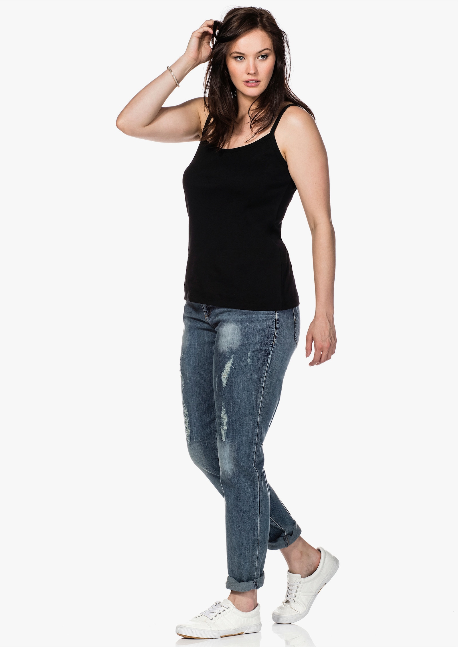 sheego Spaghettitop in Rippqualität - schwarz