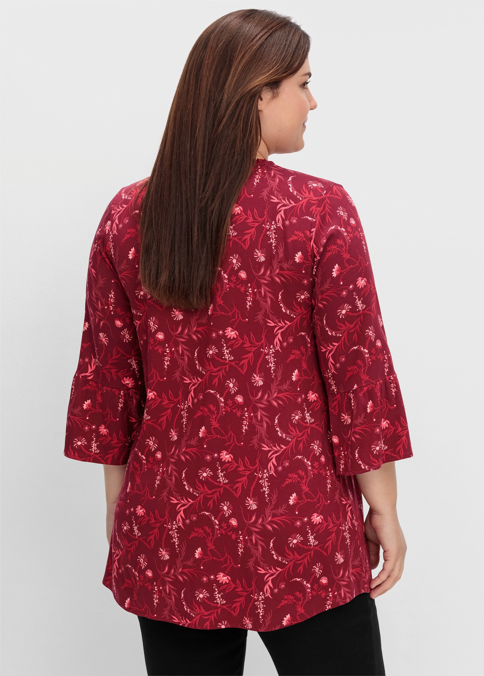sheego Tunika in Longform, mit Volants an den 3/4-Ärmeln - dunkelrot-gemustert