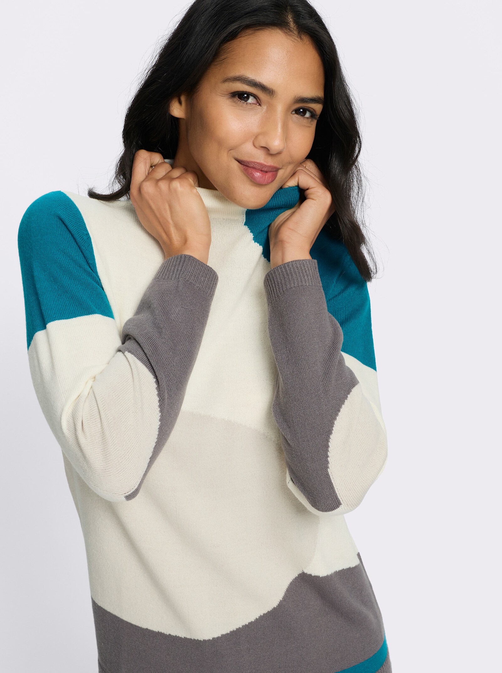 Stehkragenpullover mit Intarsienmuster - champagner-aquapetrol-gemustert