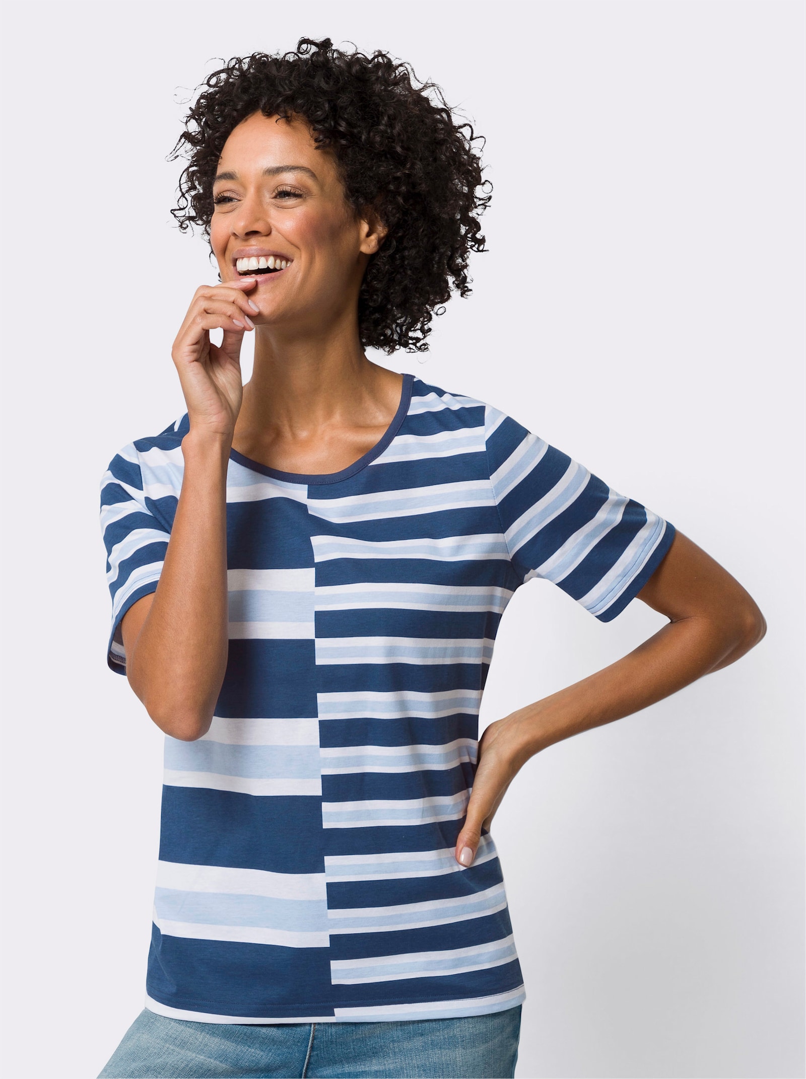 Rundhalsshirt mit Streifenmuster - weiss-dunkelblau-bedruckt