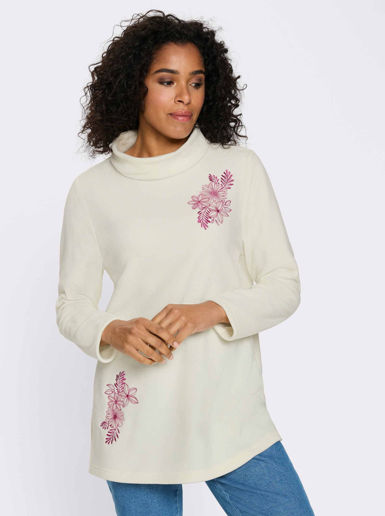 Fleeceshirt in Longform mit Stehkragen - ecru