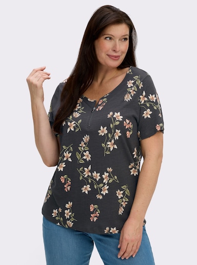 Kurzarmshirt mit Reißverschluss am Ausschnitt - schwarz-ecru-bedruckt