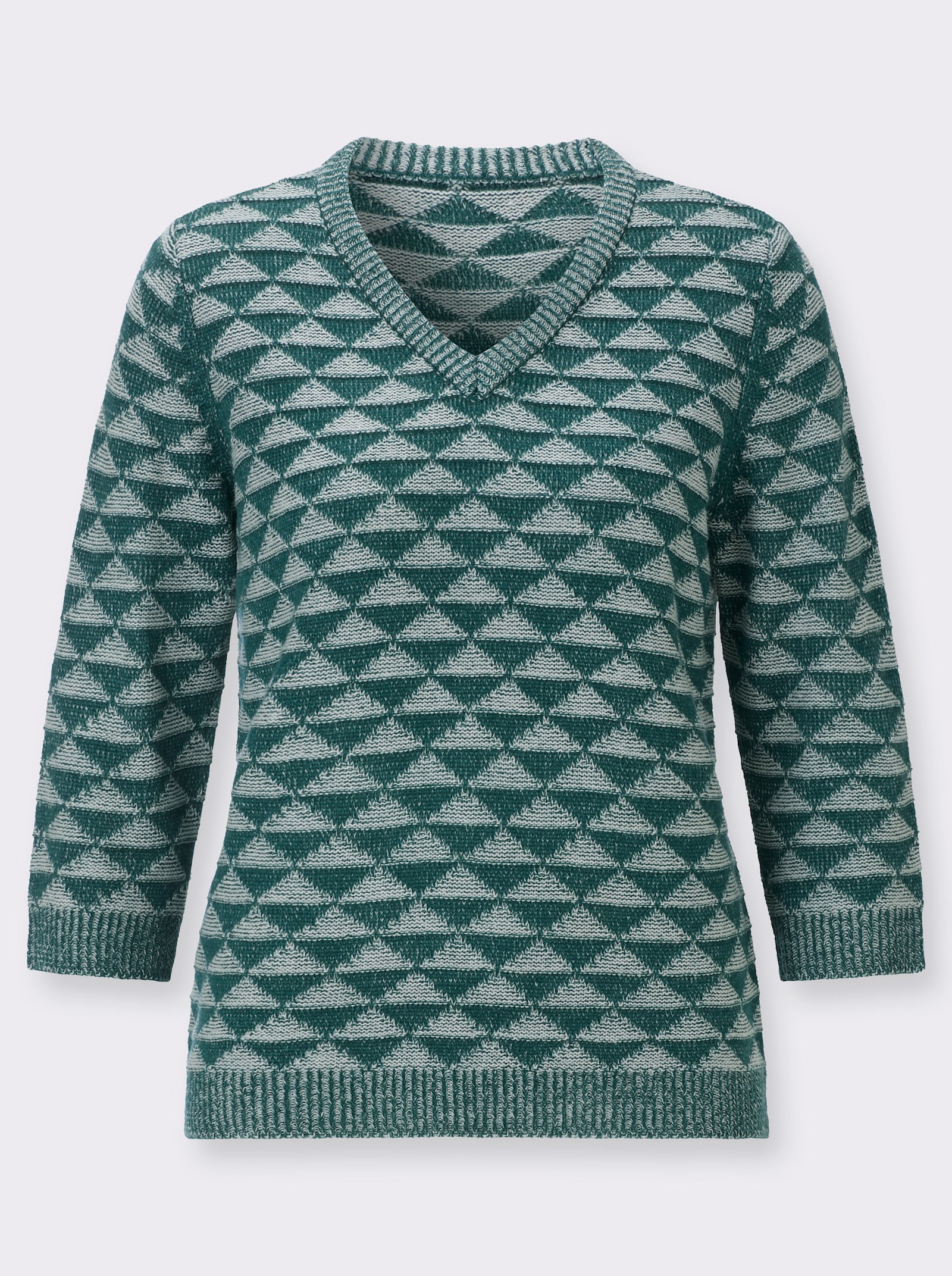 V-Ausschnitt-Pullover mit Strickmuster - petrol-ecru-gemustert