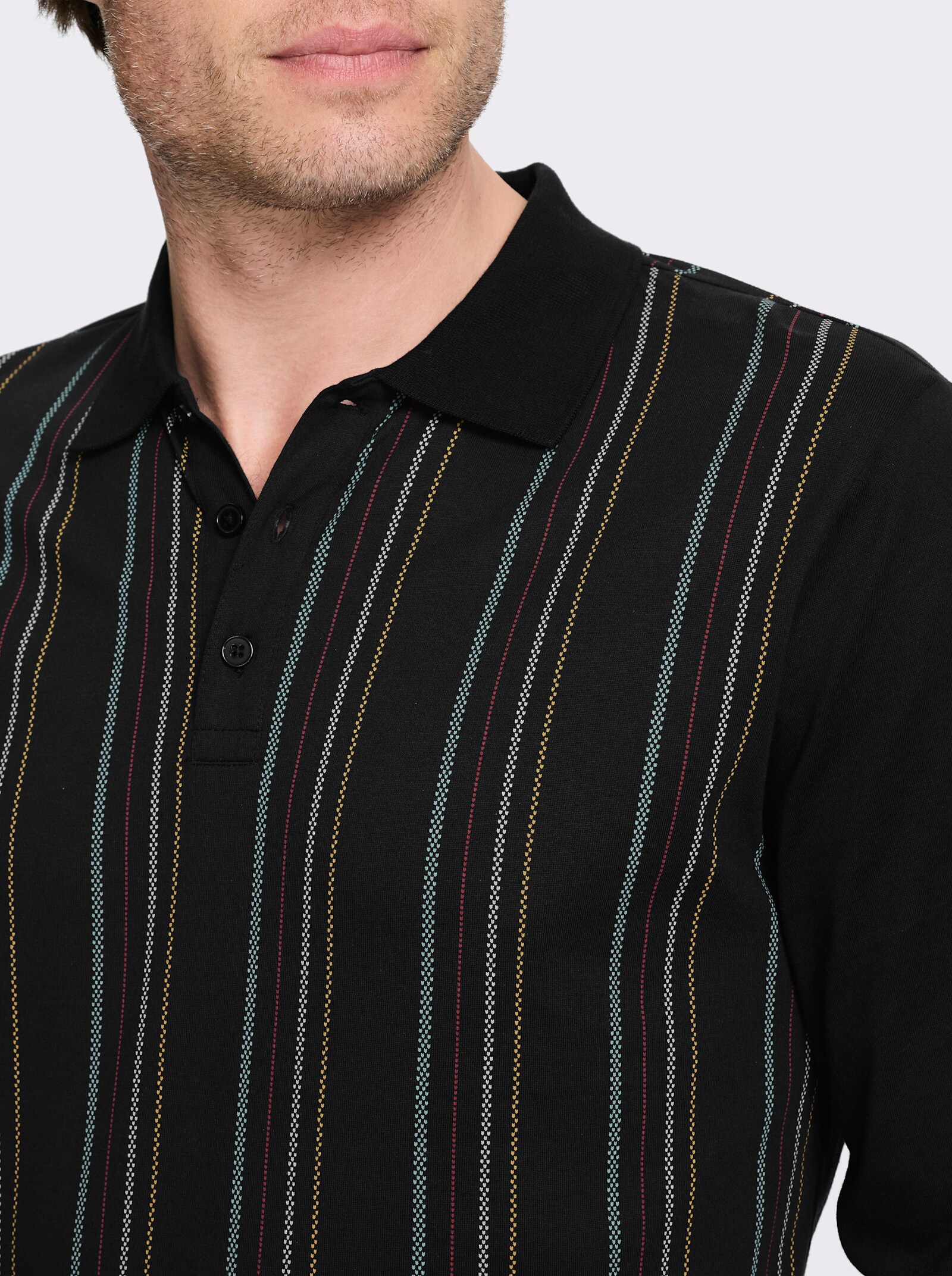 Marco Donati Langarm-Poloshirt mit Knopfleiste - schwarz-gestreift