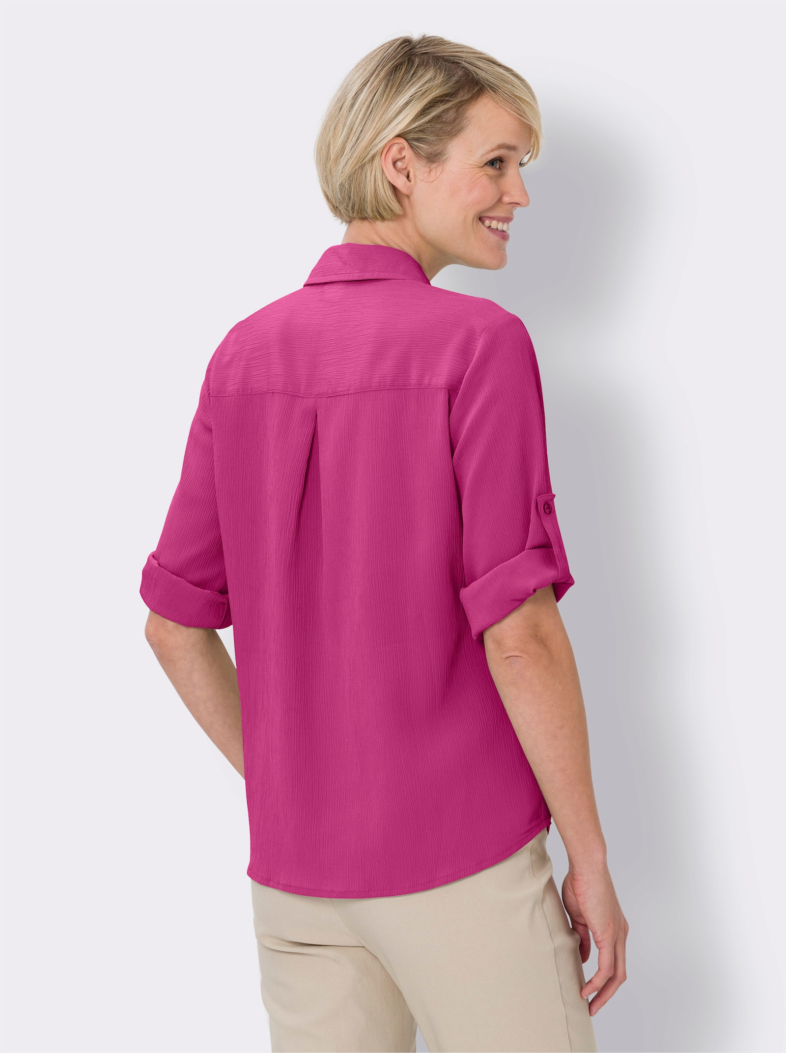 Strijkvrije crêpeblouse met opstroopbare mouwen - fuchsia