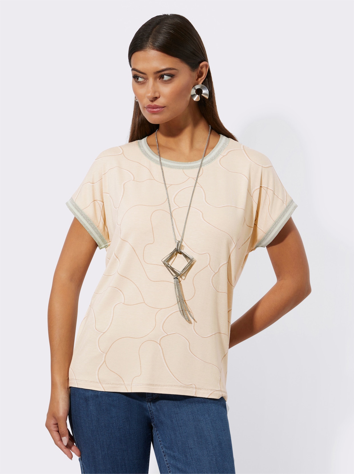 Shirt met ronde hals - zand/champagne bedrukt