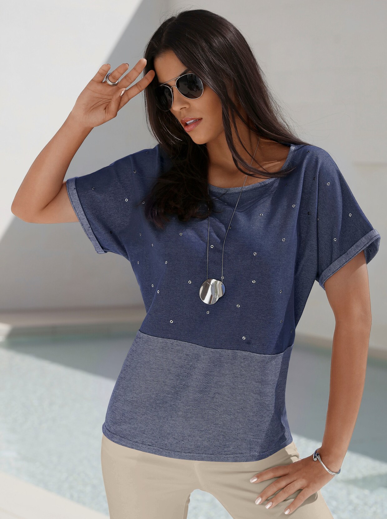 Rundhalsshirt - jeansblau