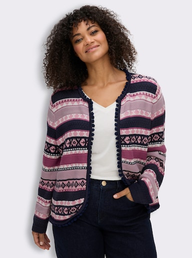 Strickjacke mit Bommel-Borte - marine-erika-gemustert