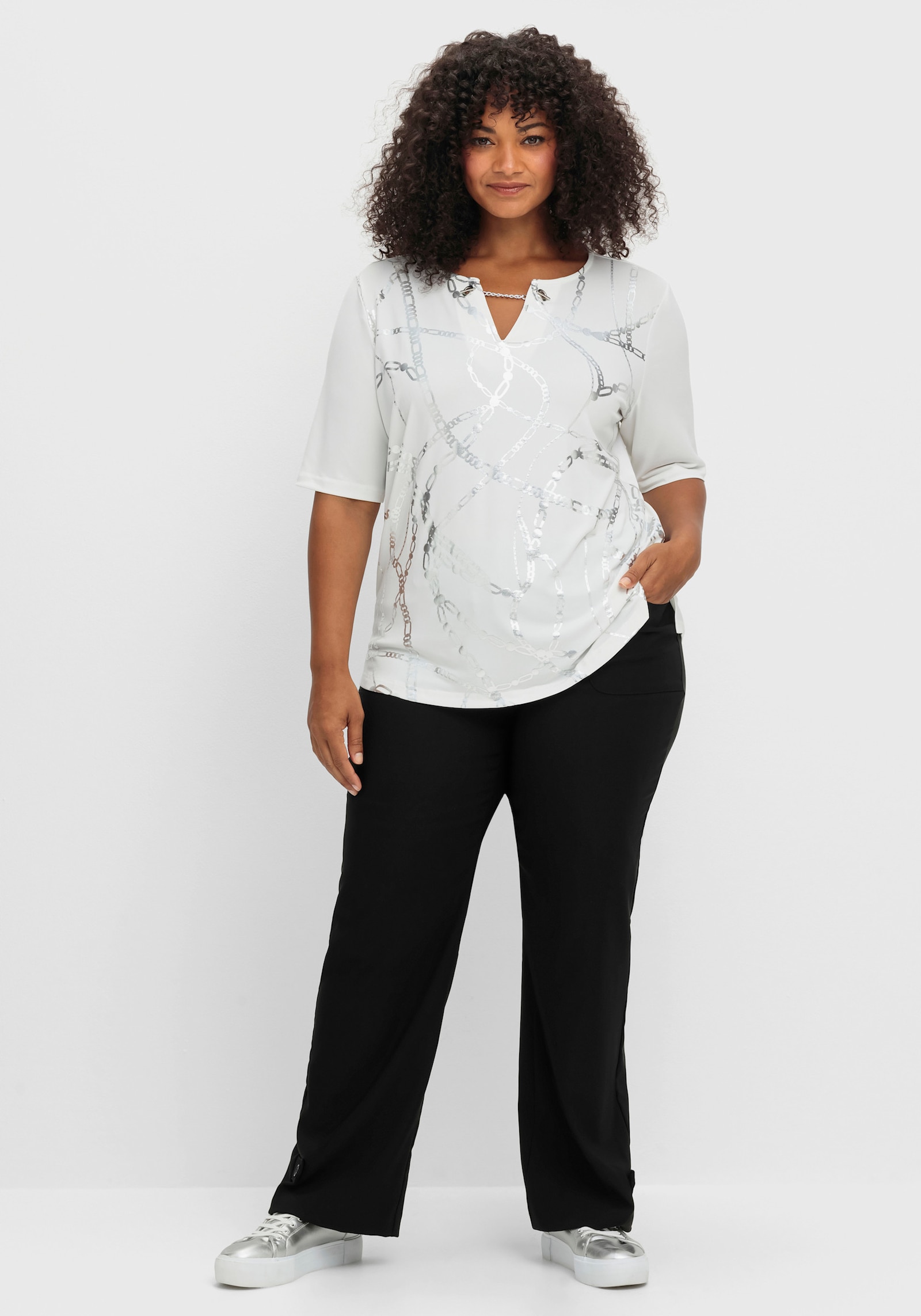 Print-Shirt mit Seitenschlitzen - ecru