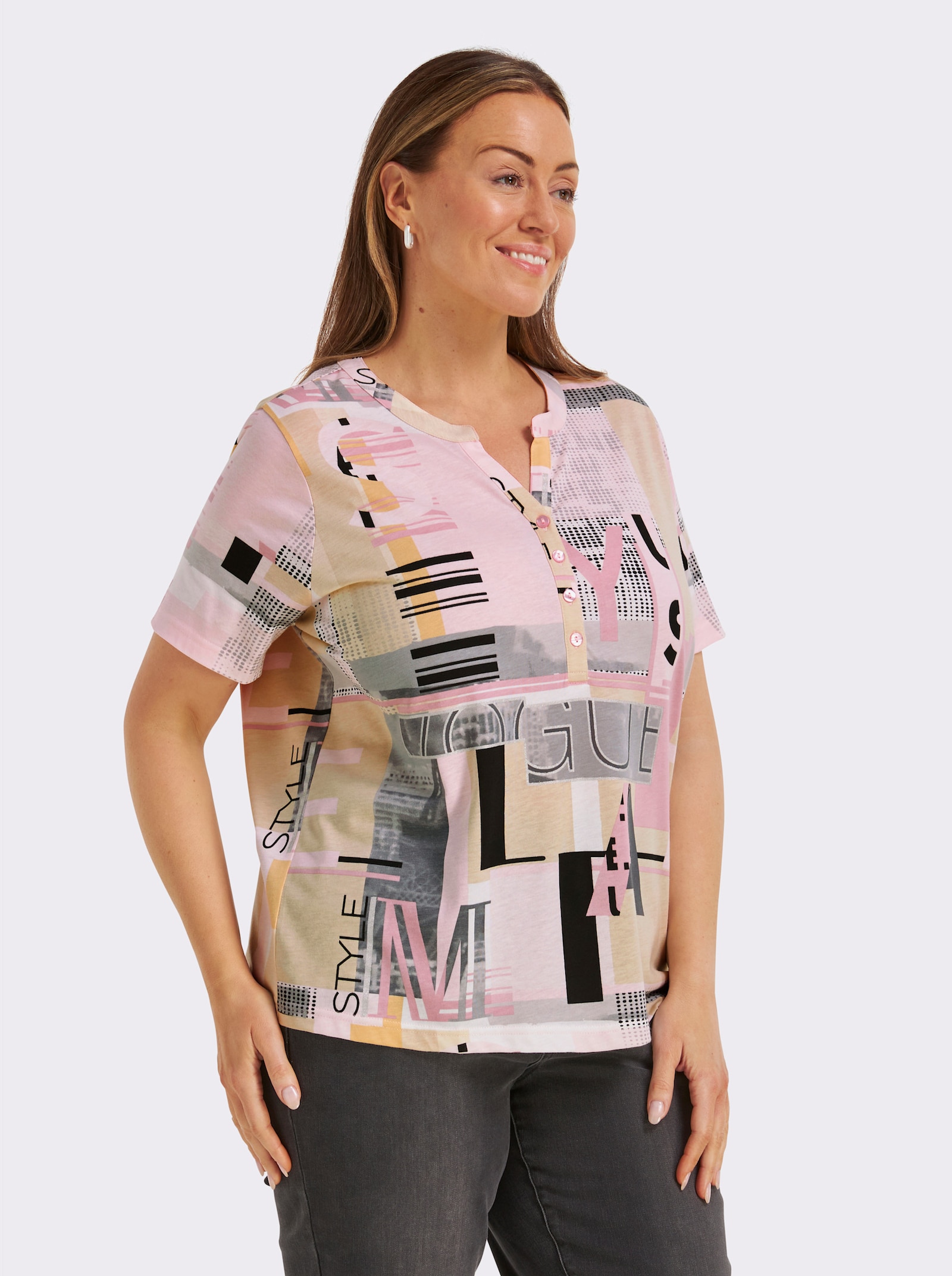 Kurzarmshirt im Baumwoll-Modal-Mix - hortensie-sand-bedruckt