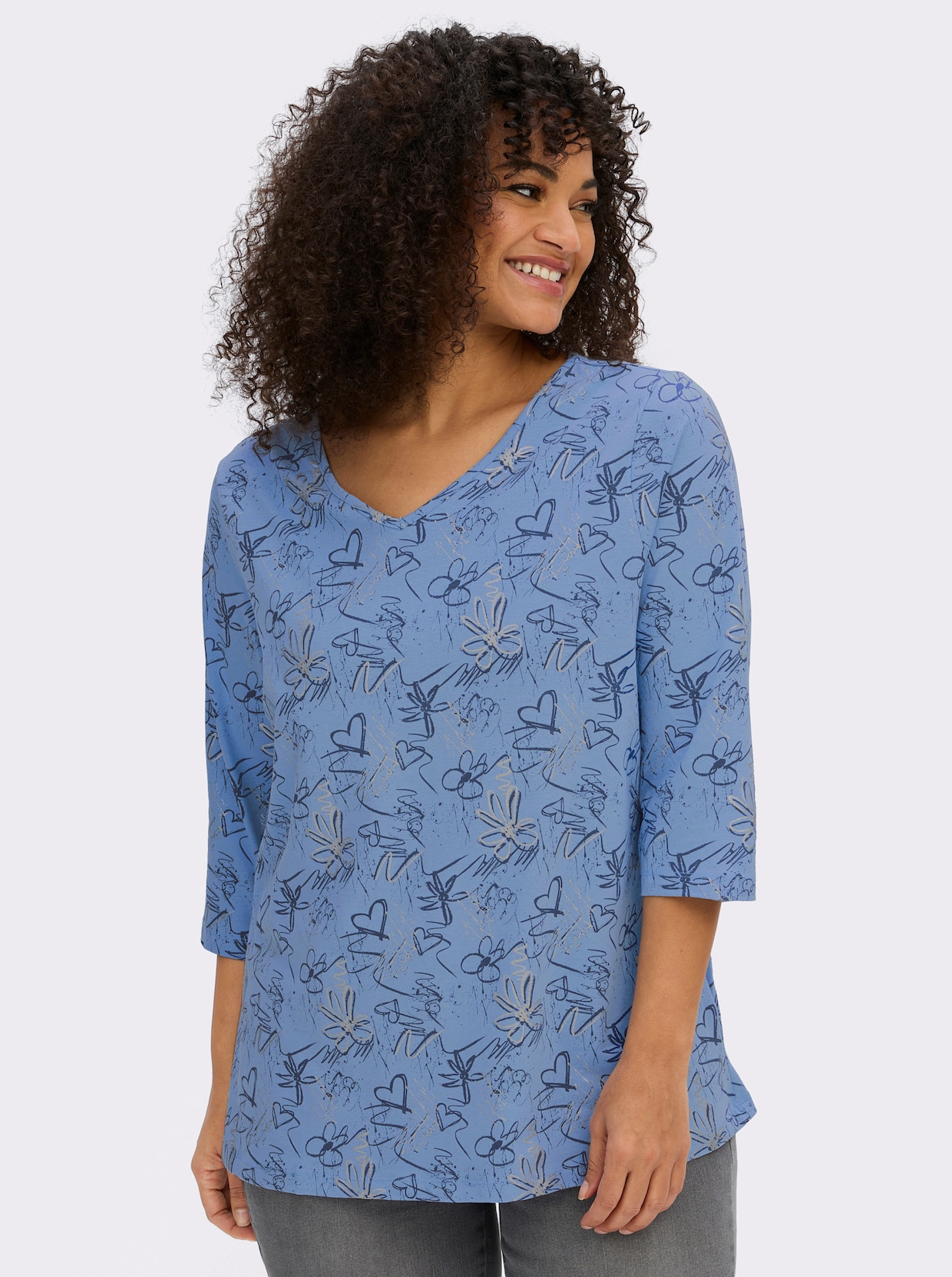 3/4-Arm-Shirt mit Herzen und Blüten verziert - bleu