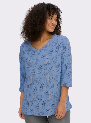 3/4-Arm-Shirt mit Herzen und Blüten verziert - bleu
