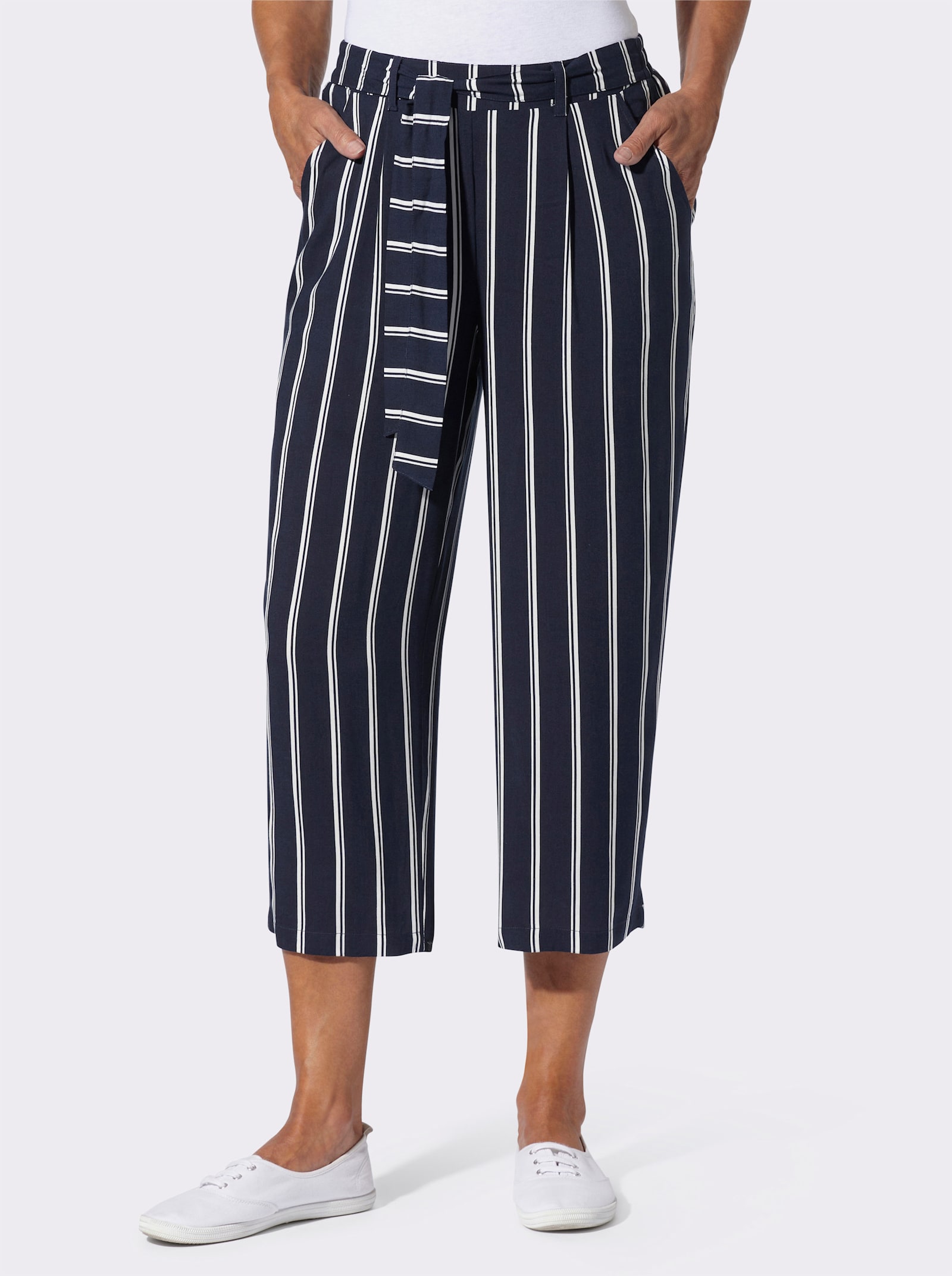 3/4-Hose mit fixiertem Bindegürtel - marine-ecru-gestreift