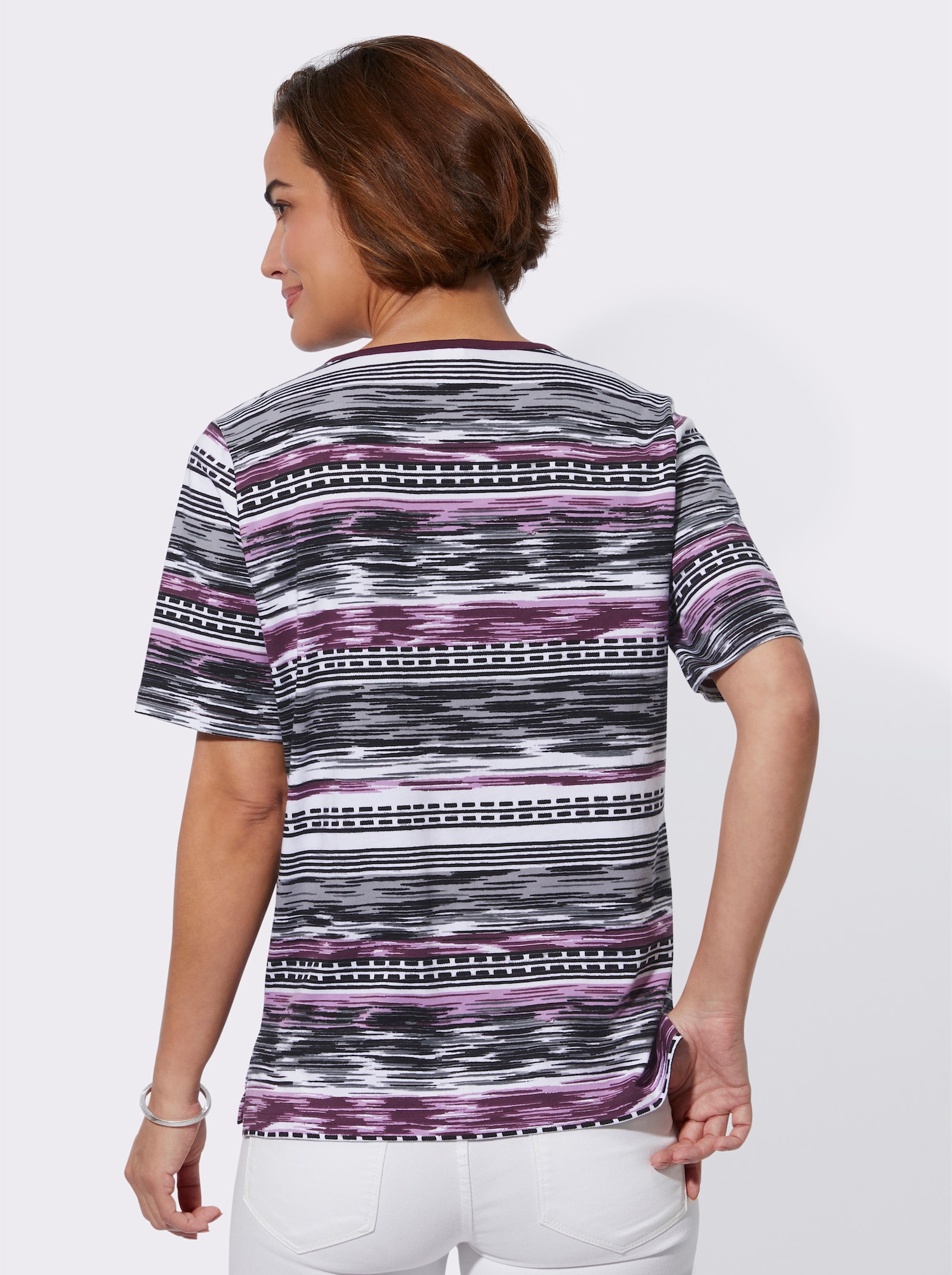 Print-Shirt im grafischen Streifendessin - burgund-steingrau-bedruckt