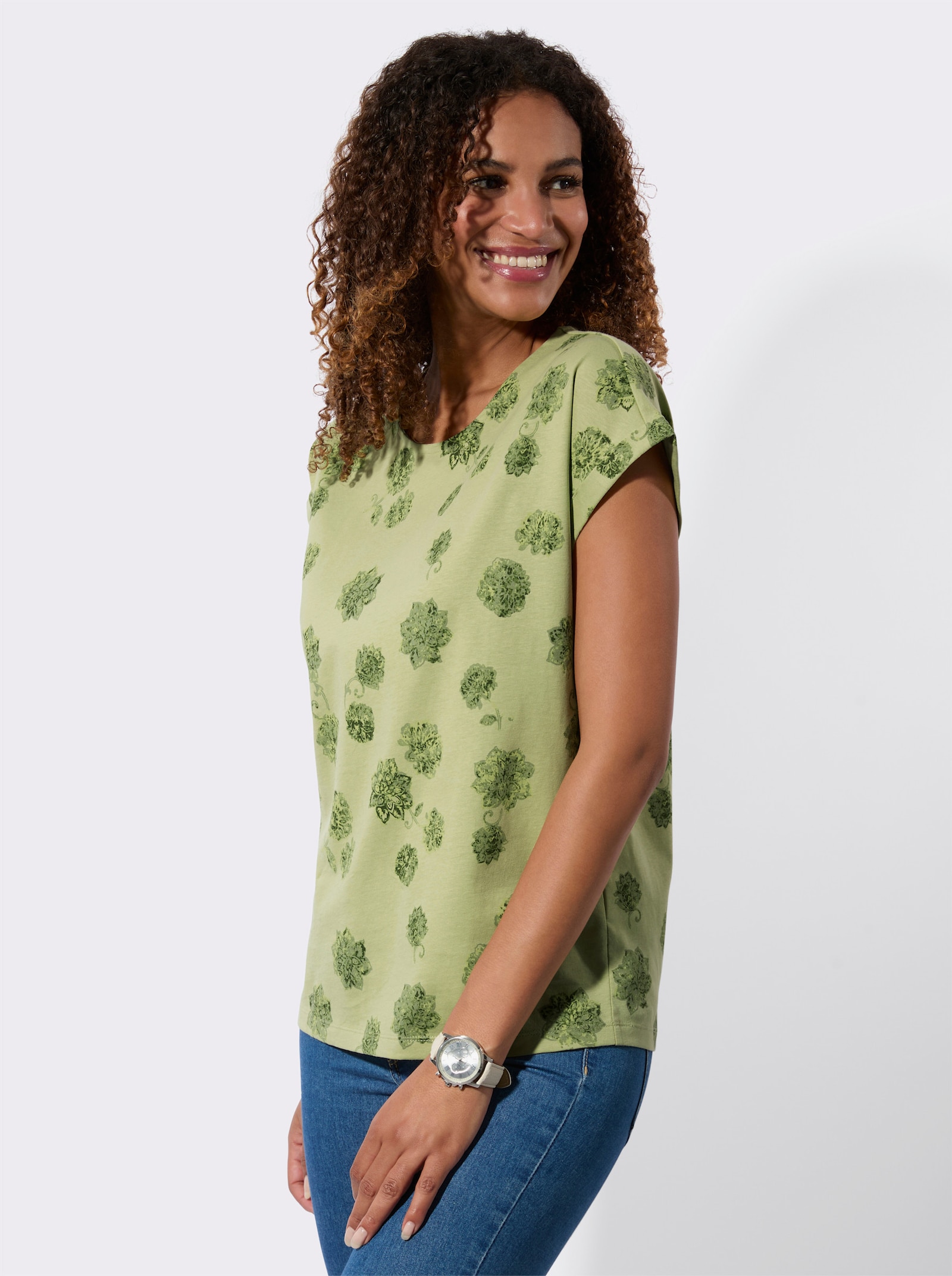 Kurzarmshirt mit Blumen-Dessin - lindgrün-schilf-bedruckt