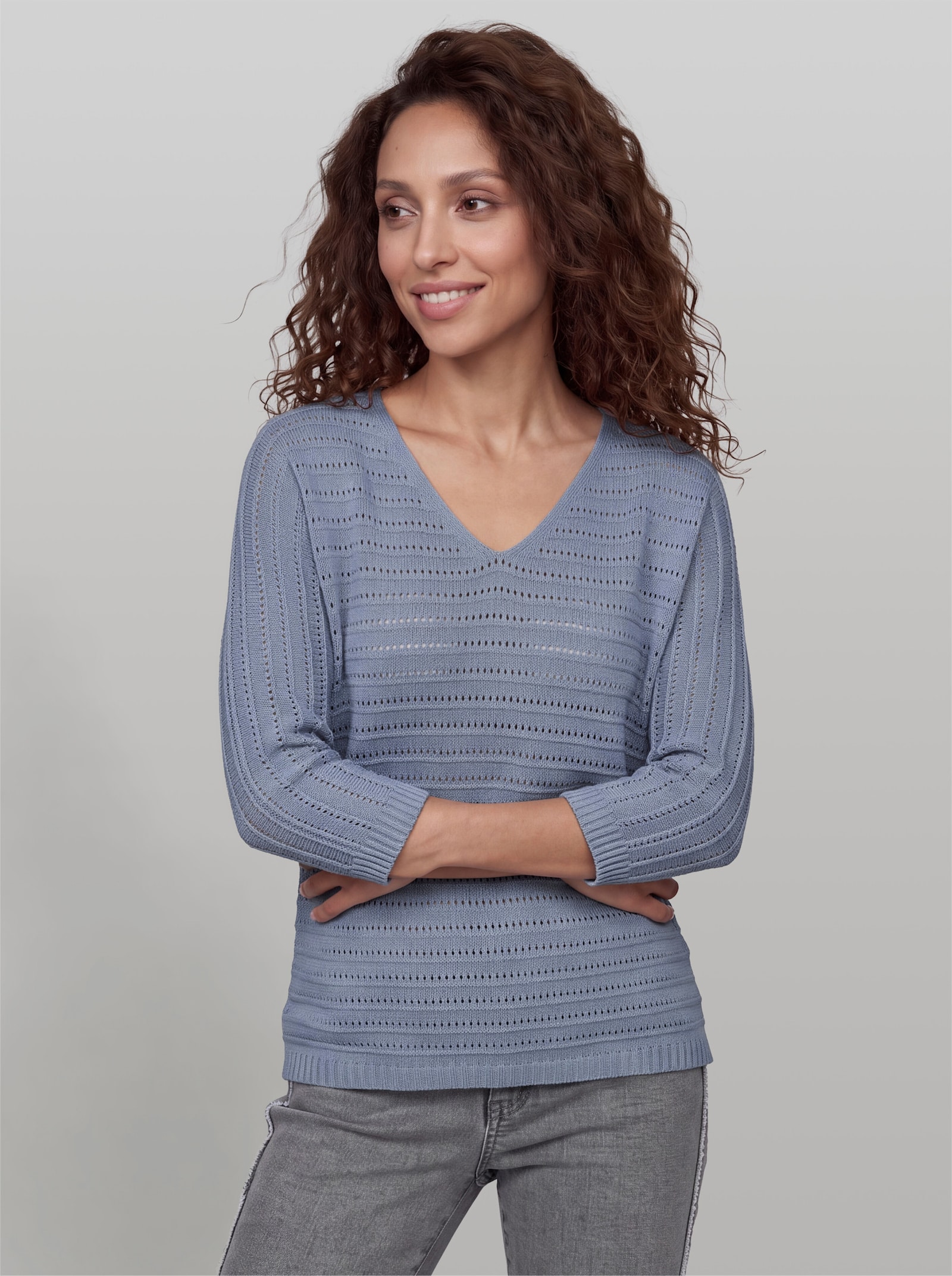 heine Ajourpullover mit V-Ausschnitt - taubenblau