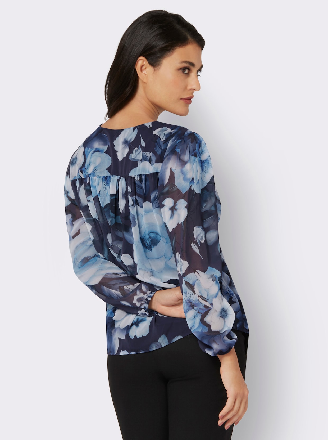 Georgetteblouse - marine-aqua bedrukt