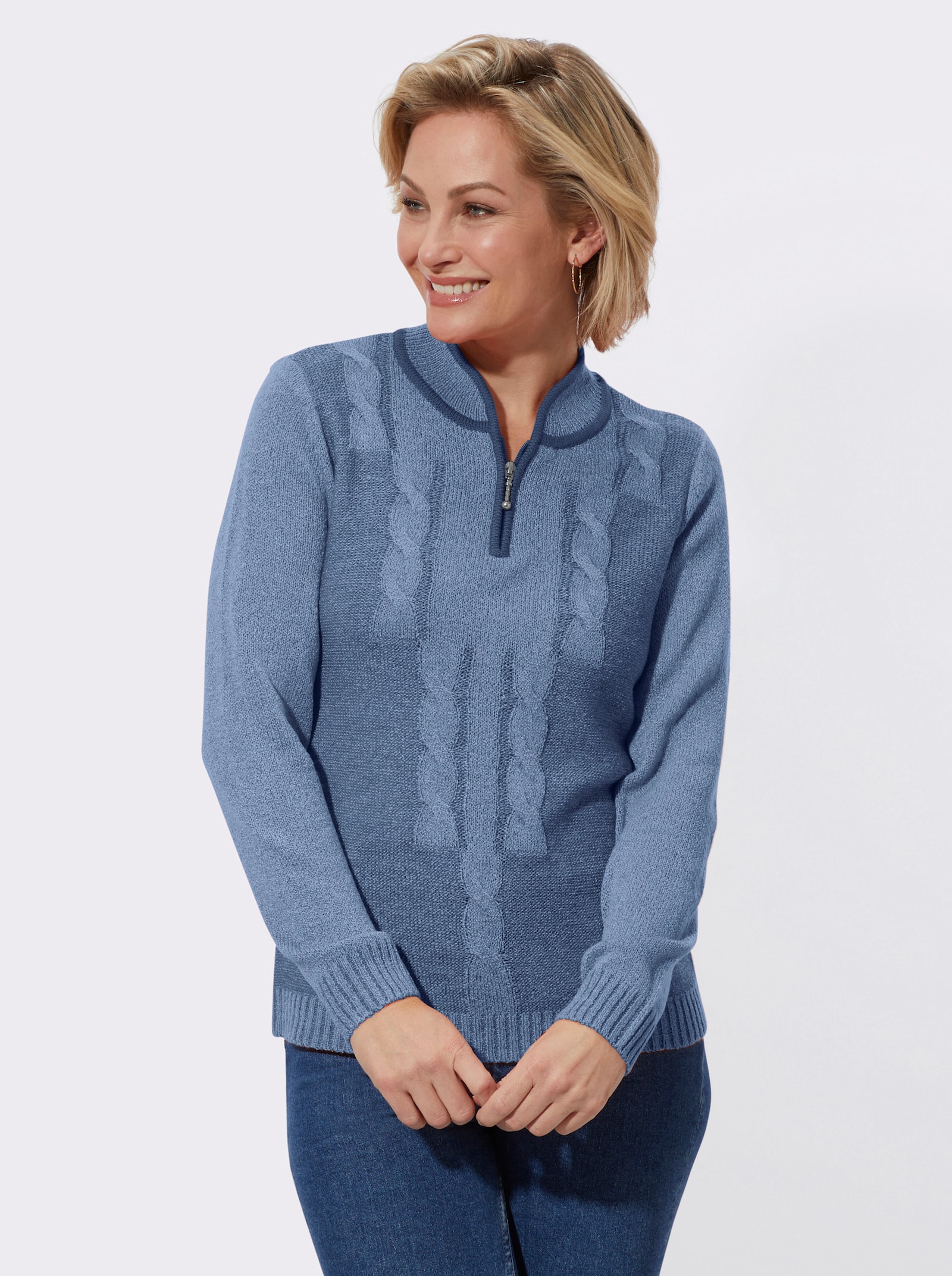 Bouclé-Pullover mit Zopfmuster - bleu-meliert